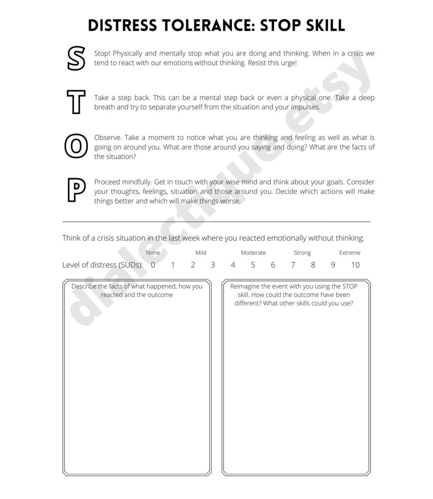 Distress Tolerance Stop Skill Handout And Worksheet Etsy De Dbt