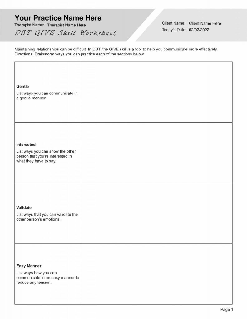 DBT GIVE Skill Worksheet PDF TherapyByPro DBT Worksheets