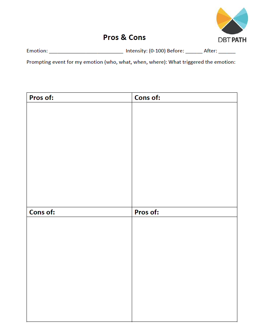 Pros And Cons Worksheet DBT