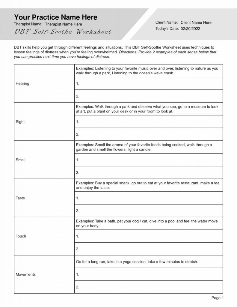 DBT Self Soothe Worksheet TherapyByPro