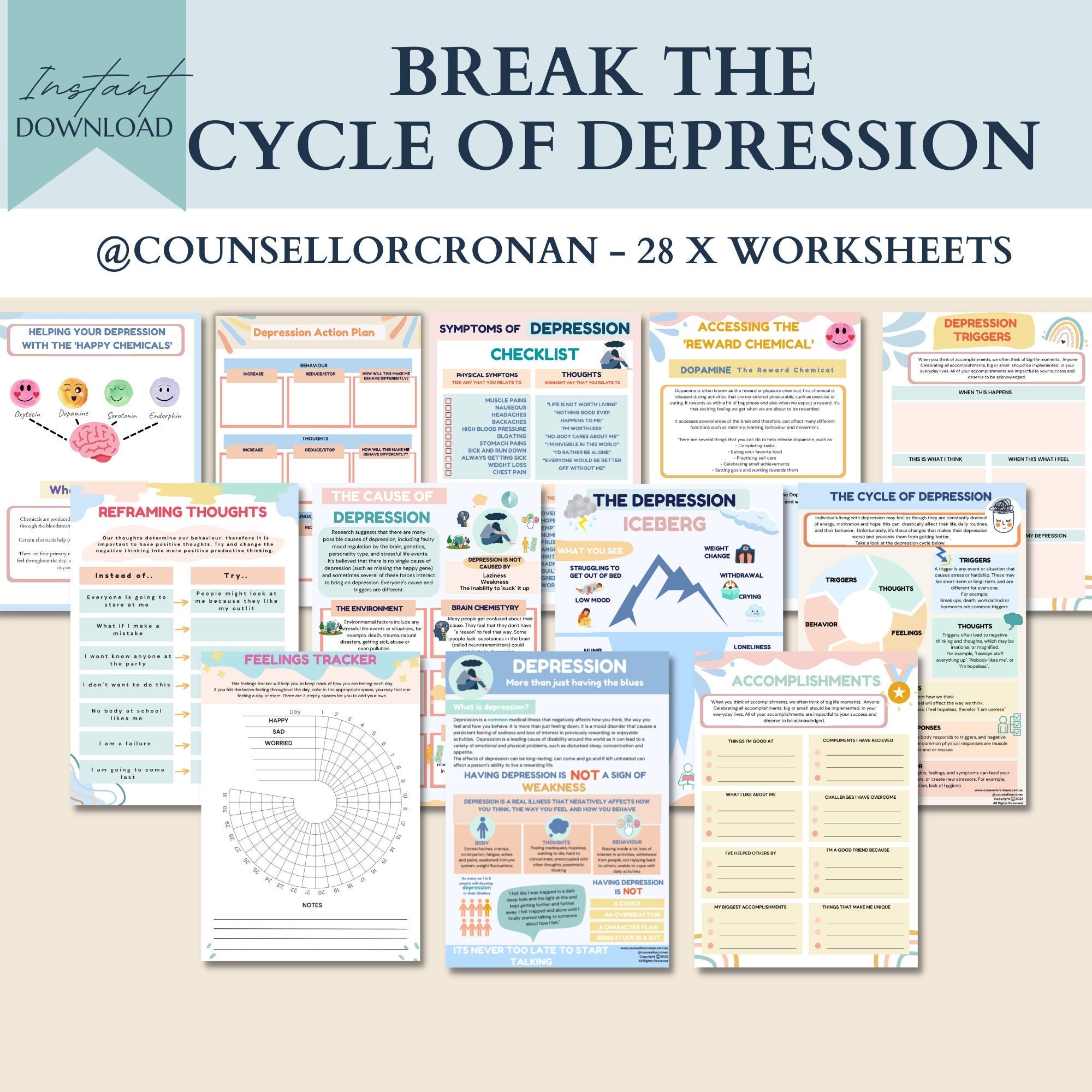 Depression Worksheets Therapy Worksheets Therapist Tools Etsy