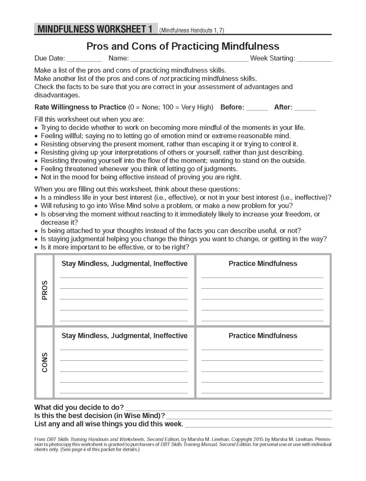 Pros And Cons Worksheet DBT