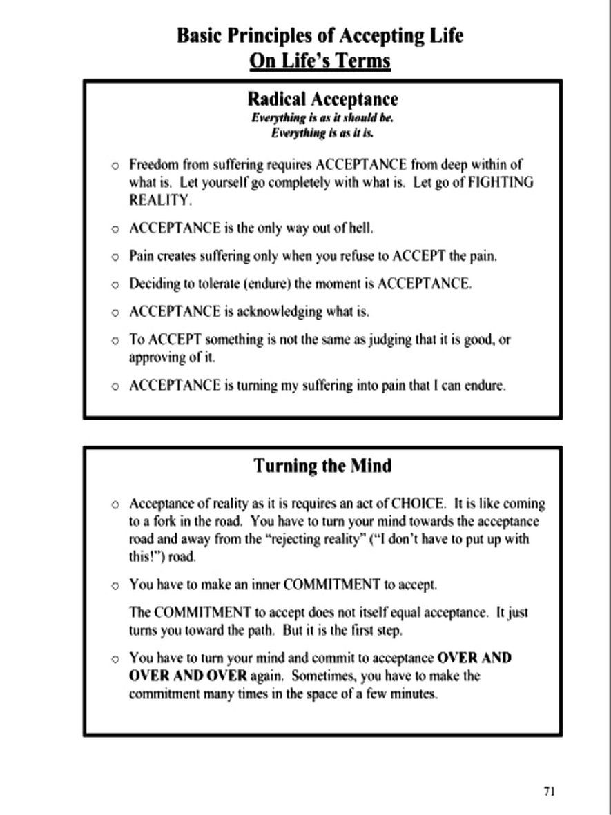 Radical Acceptance DBT SKILLS APPLICATION SELF HELP Dialectical Behavior Therapy Radical Acceptance Distress Tolerance Skills