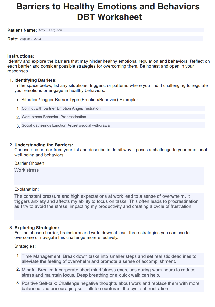 Barriers To Healthy Emotions And Behaviors DBT Worksheet Example Free PDF Download