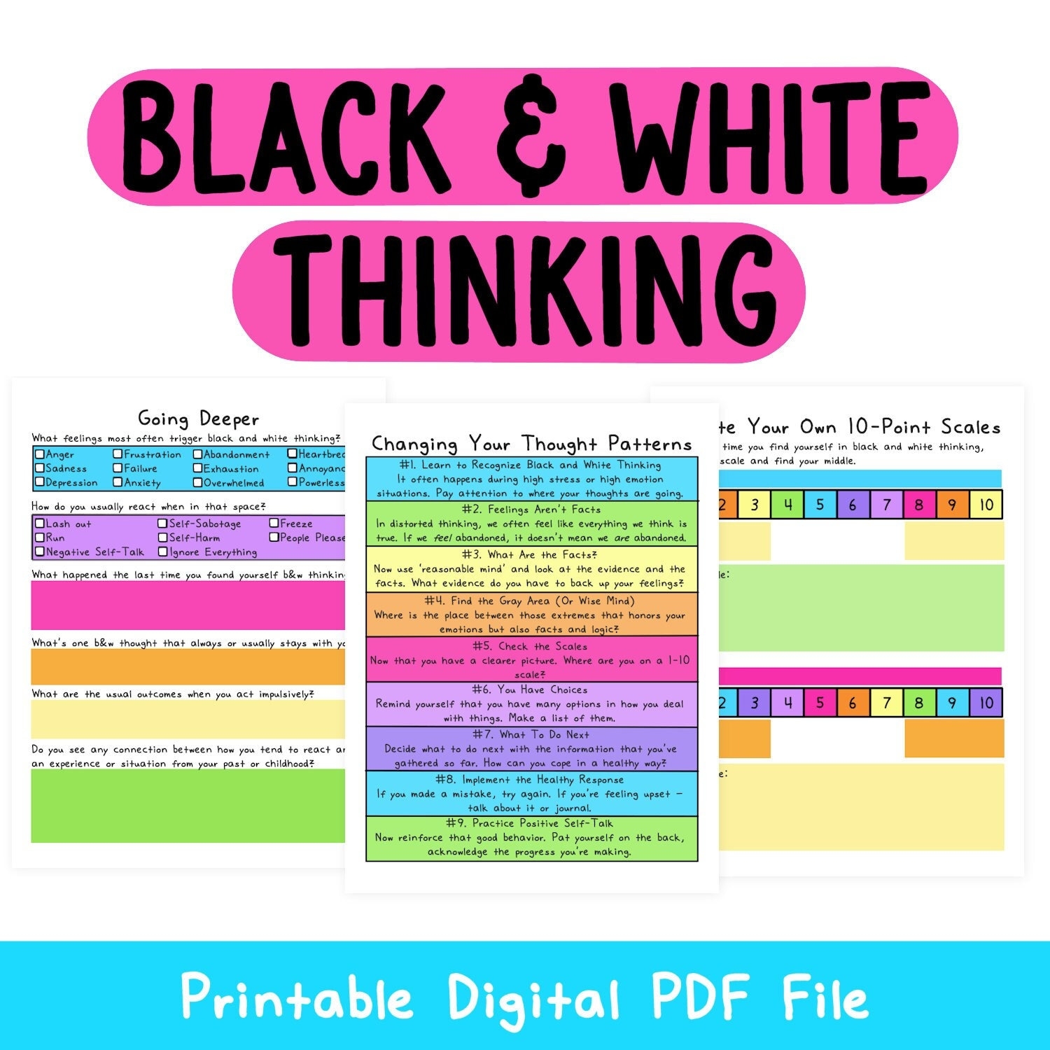 Black And White Thinking Mental Health Worksheets Self help Depression Worksheet Cognitive Distortions Thought Processing CBT Etsy