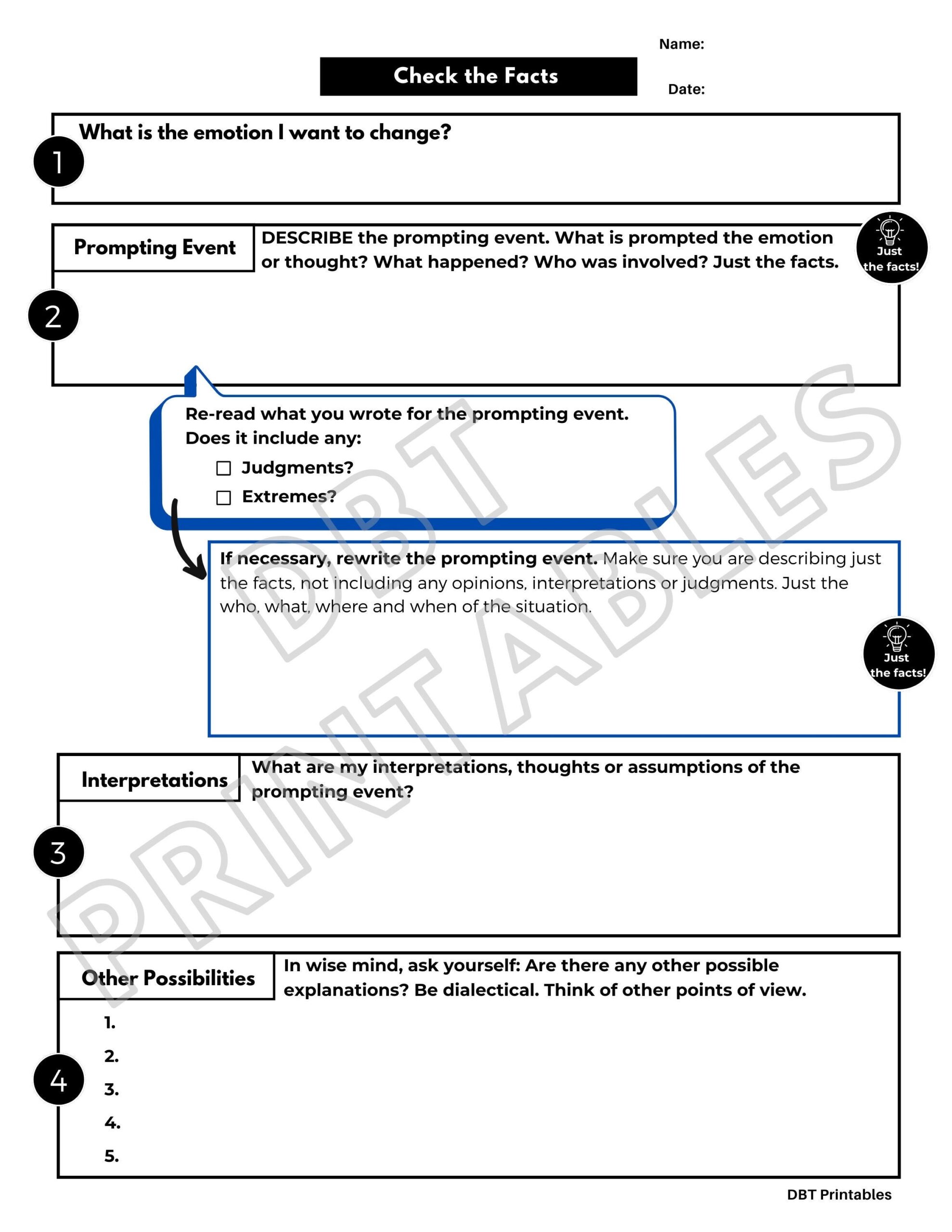 Check The Facts Worksheet CBT And DBT Therapy Printable Worksheet Etsy