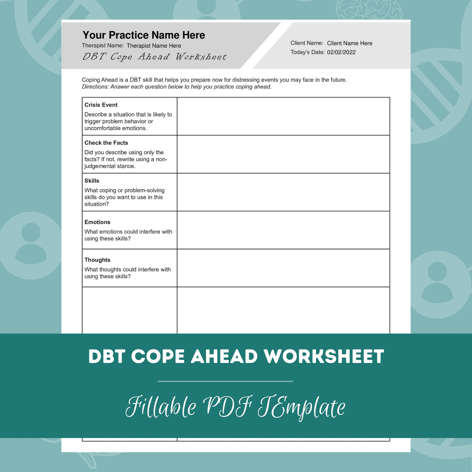 DBT Cope Ahead Worksheet Editable Fillable PDF Template For Counselors Psychologists Social Workers Therapists Etsy