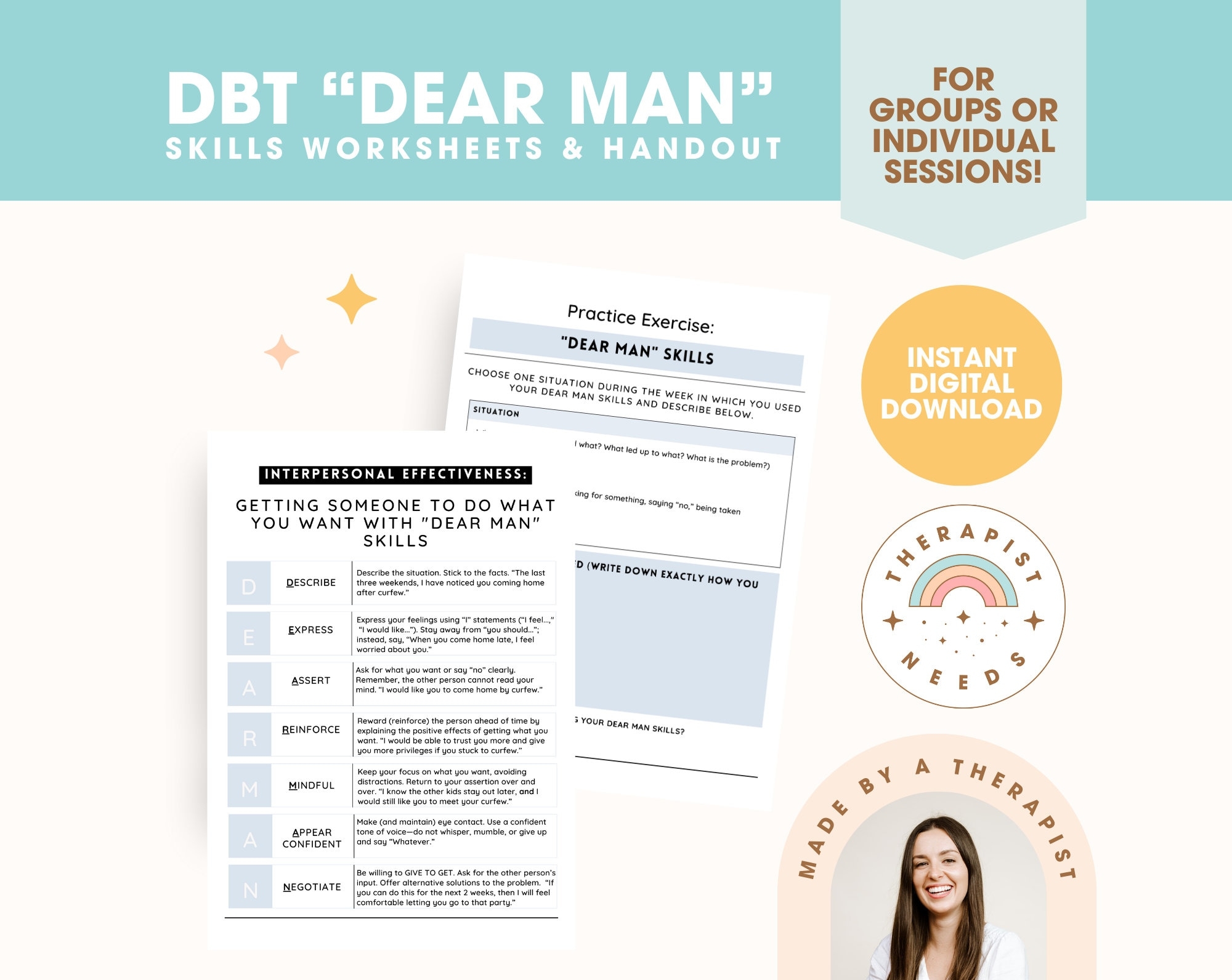 DBT DEAR MAN Skill Training Worksheets Handouts Dbt Interpersonal Effectiveness Curriculum Therapy Sheets Counseling Teens Adults Etsy