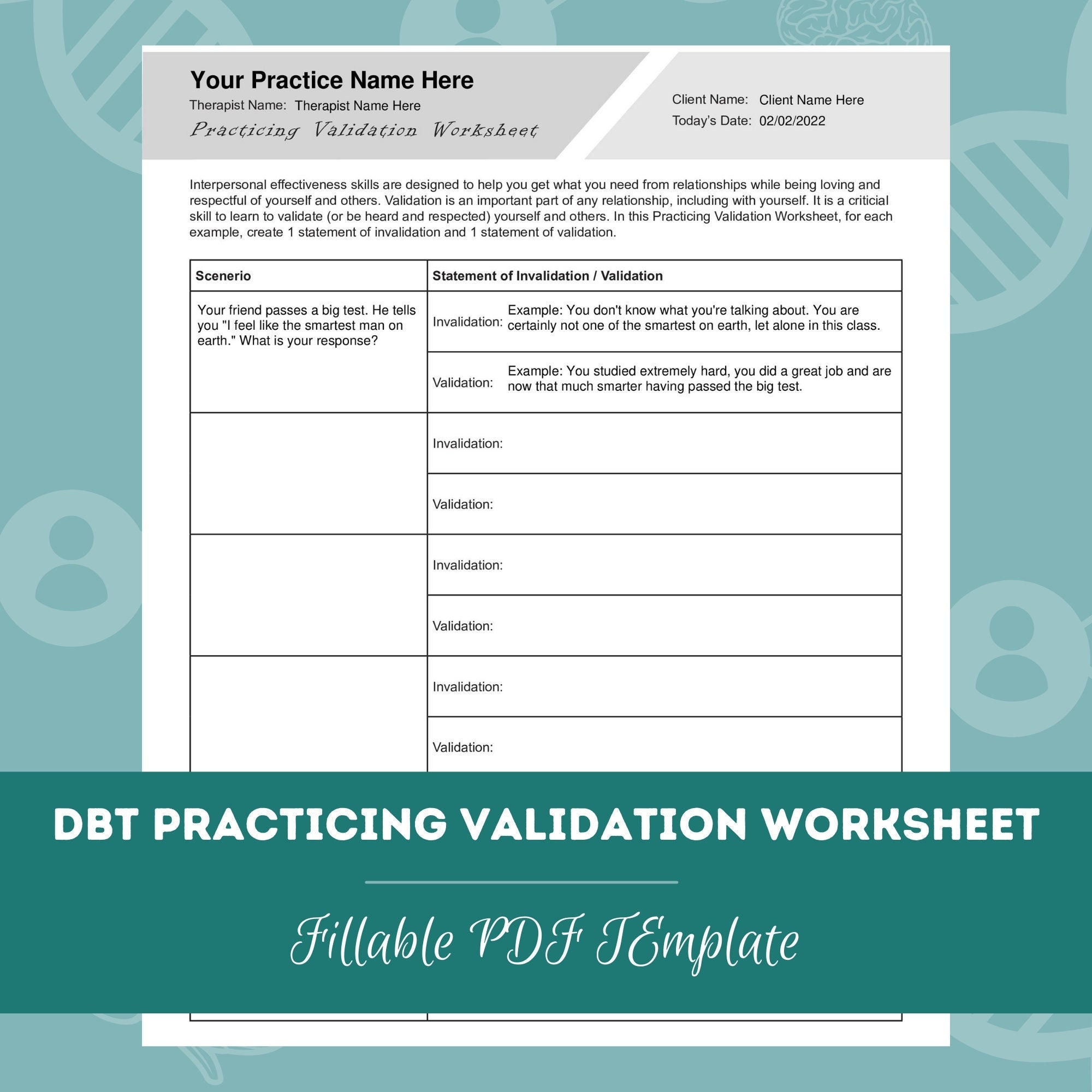DBT Practicing Validation Worksheet Editable Fillable PDF Template For Counselors Psychologists Social Workers Therapists Etsy