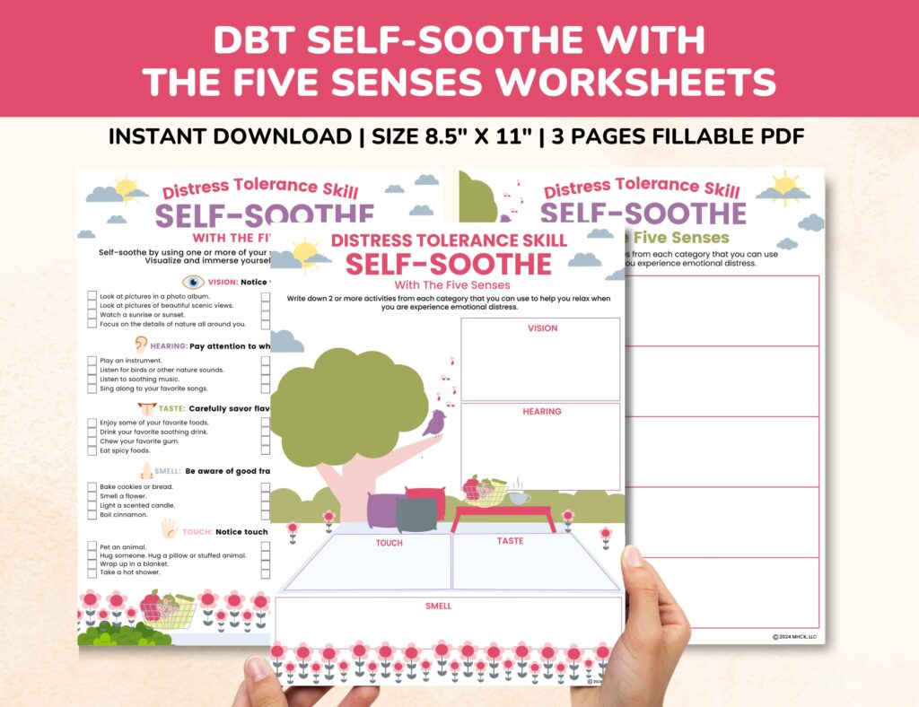 Dbt Self Soothing Worksheet With 5 Senses 3 Pages Distress Tolerance Skills Fillable Pdf