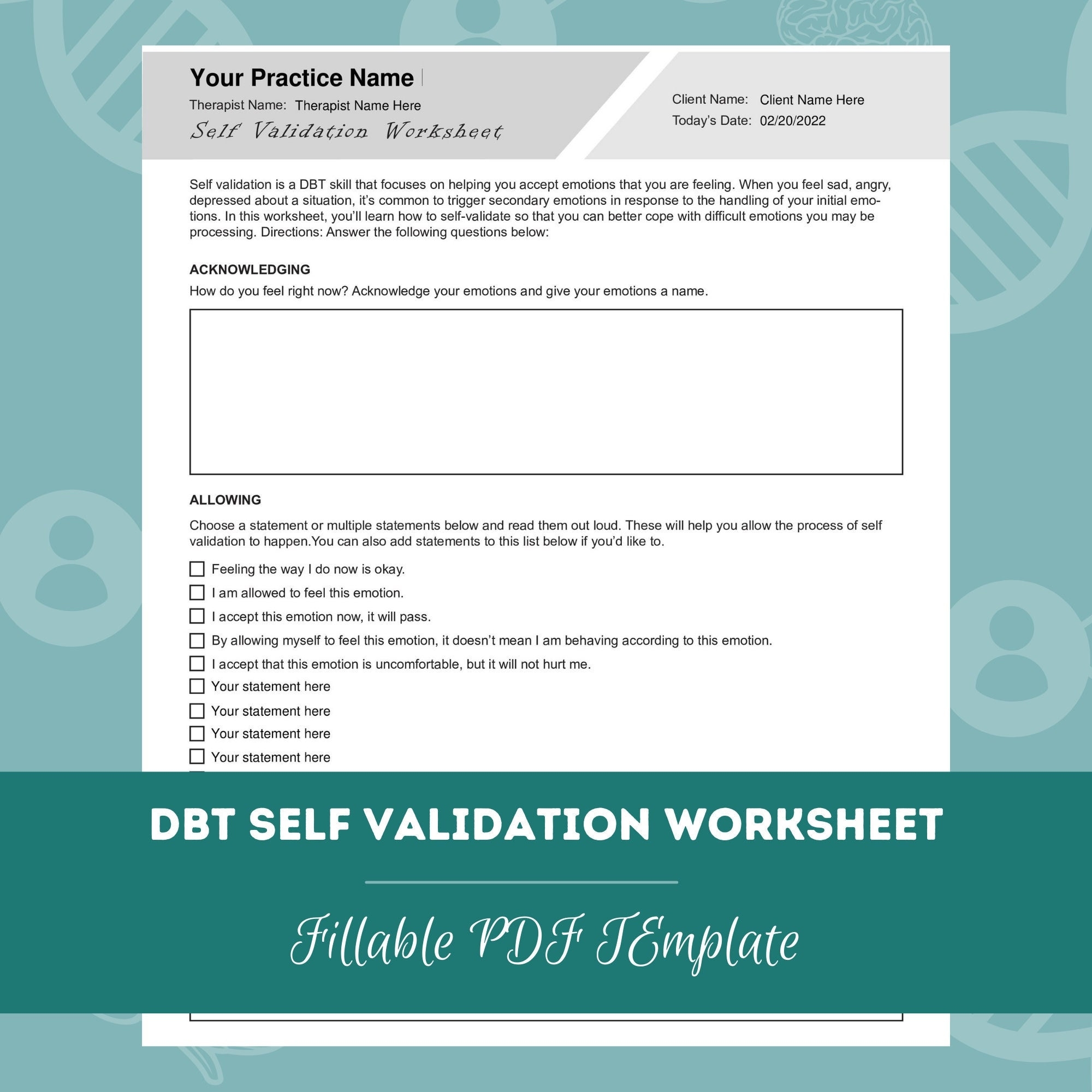 DBT Self Validation Worksheet Editable Fillable PDF Template For Counselors Psychologists Social Workers Therapists Etsy Israel