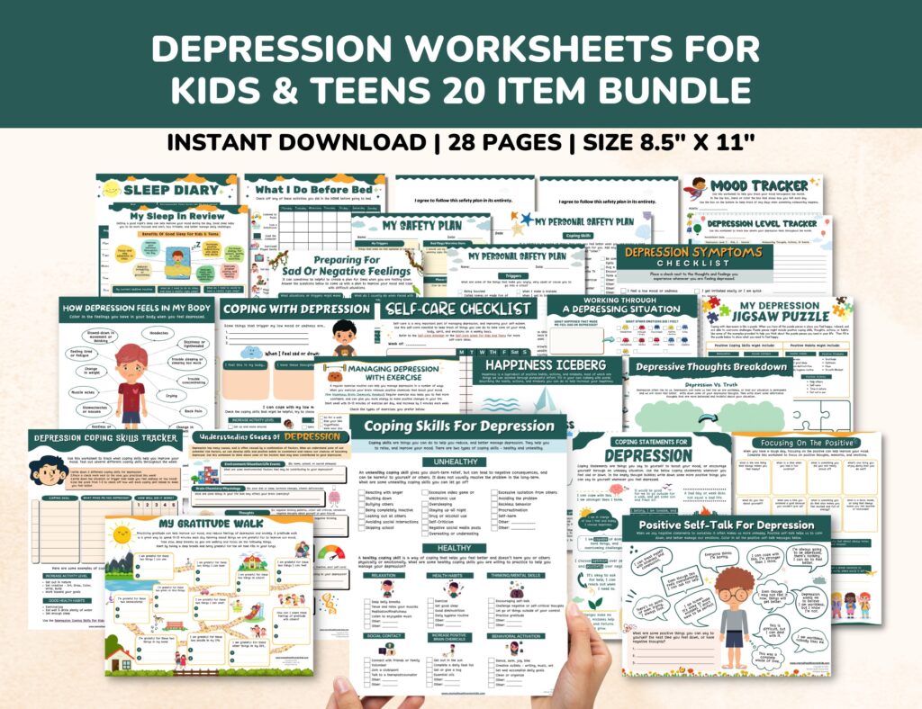 Depression Worksheets 20 Item Printable Mental Health Bundle For Kids ...