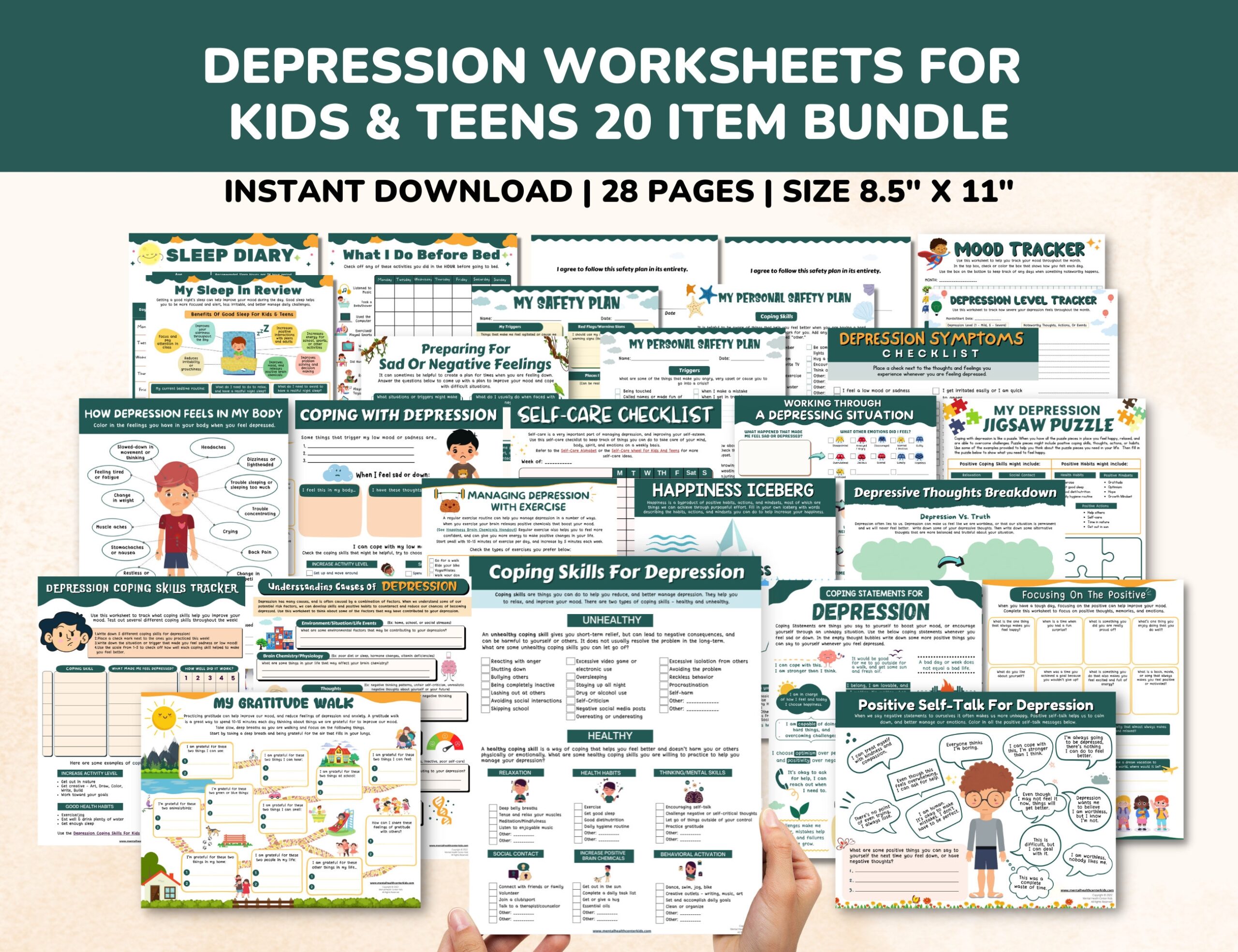Depression Worksheets 20 Item Printable Mental Health Bundle For Kids Teens child Therapy Counseling Social Emotional Learning Relief CBT Etsy