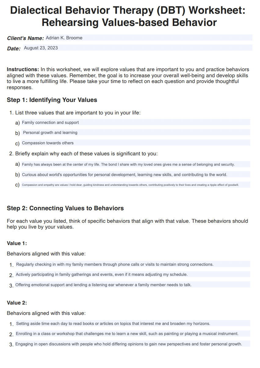 Rehearsing Values based Behavior DBT Worksheet Example Free PDF Download