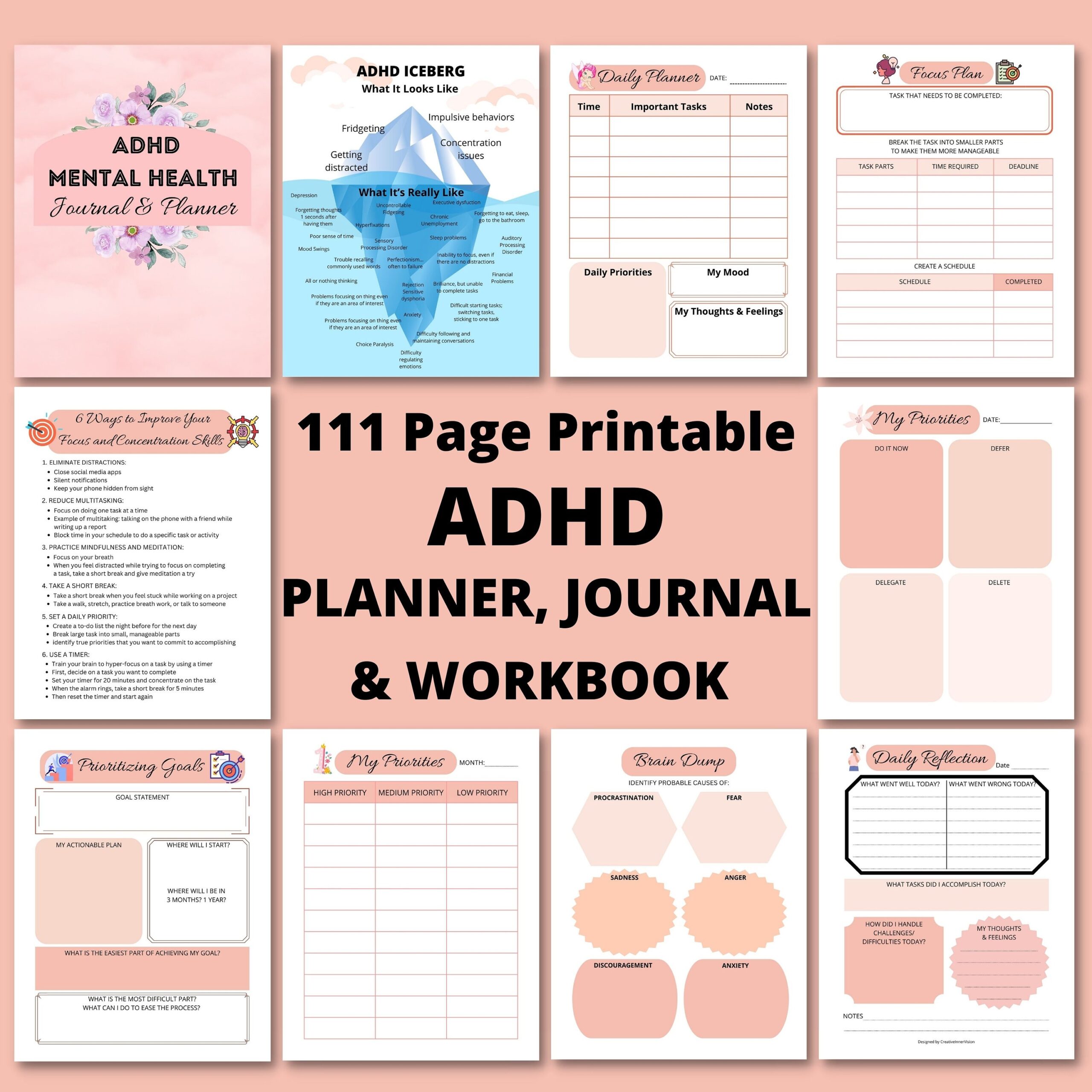 ADHD Planner Printable ADHD Workbook And Journal CBT Anxiety Worksheets Anger Management Mental Health Workbook Self Care Journal Etsy