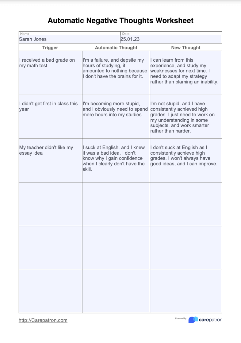 Automatic Negative Thoughts Worksheet Example Free PDF Download