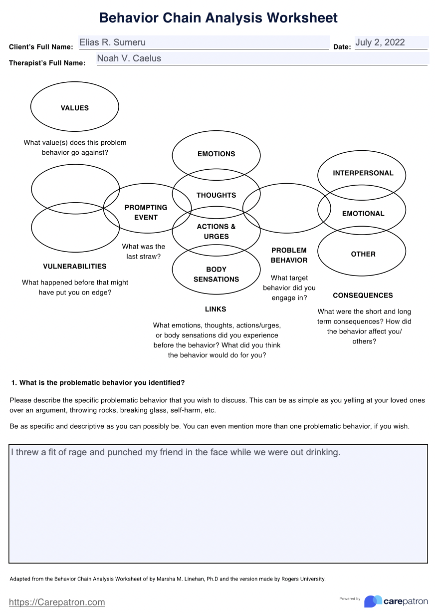 Behavior Chain Analysis Worksheet Example Free PDF Download DBT