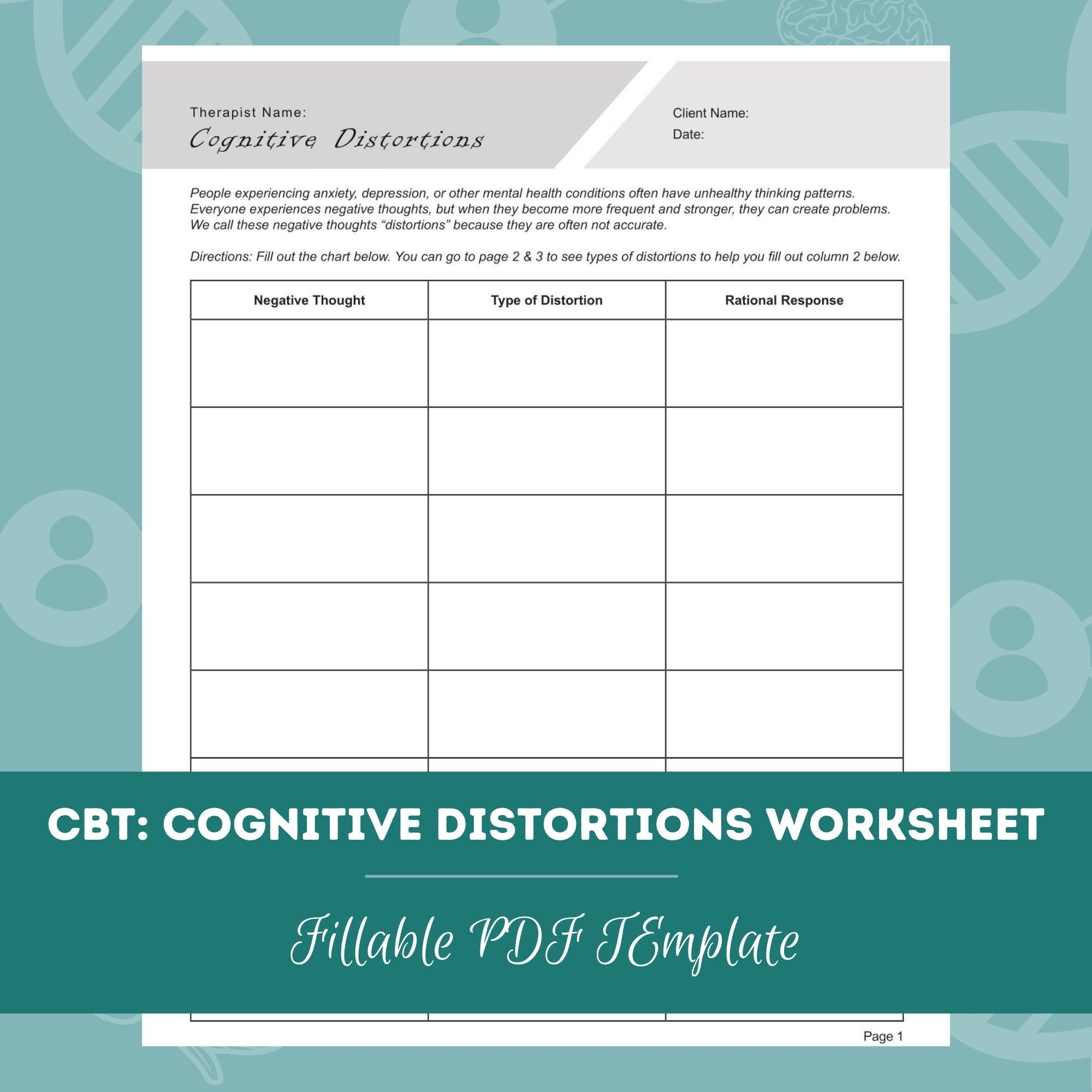 CBT Cognitive Distortions Worksheet Editable Fillable PDF For Counselors Psychologists Psychiatrists Therapists Etsy
