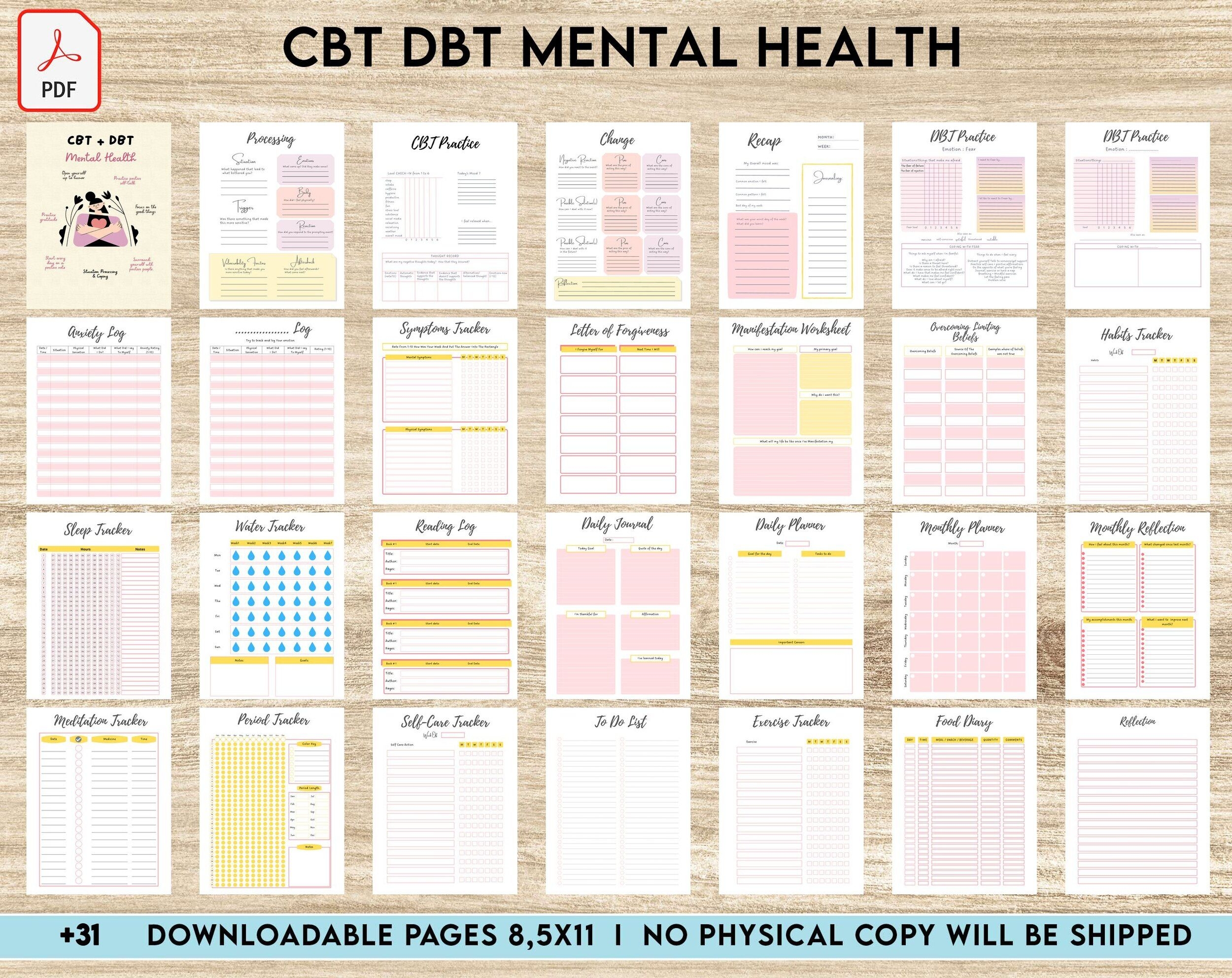 CBT DBT Mental Health Journal Worksheets Situation Processing Coping CBT DBT Therapy PDF Printable 8 5x11 A4 Size Planners Weekly