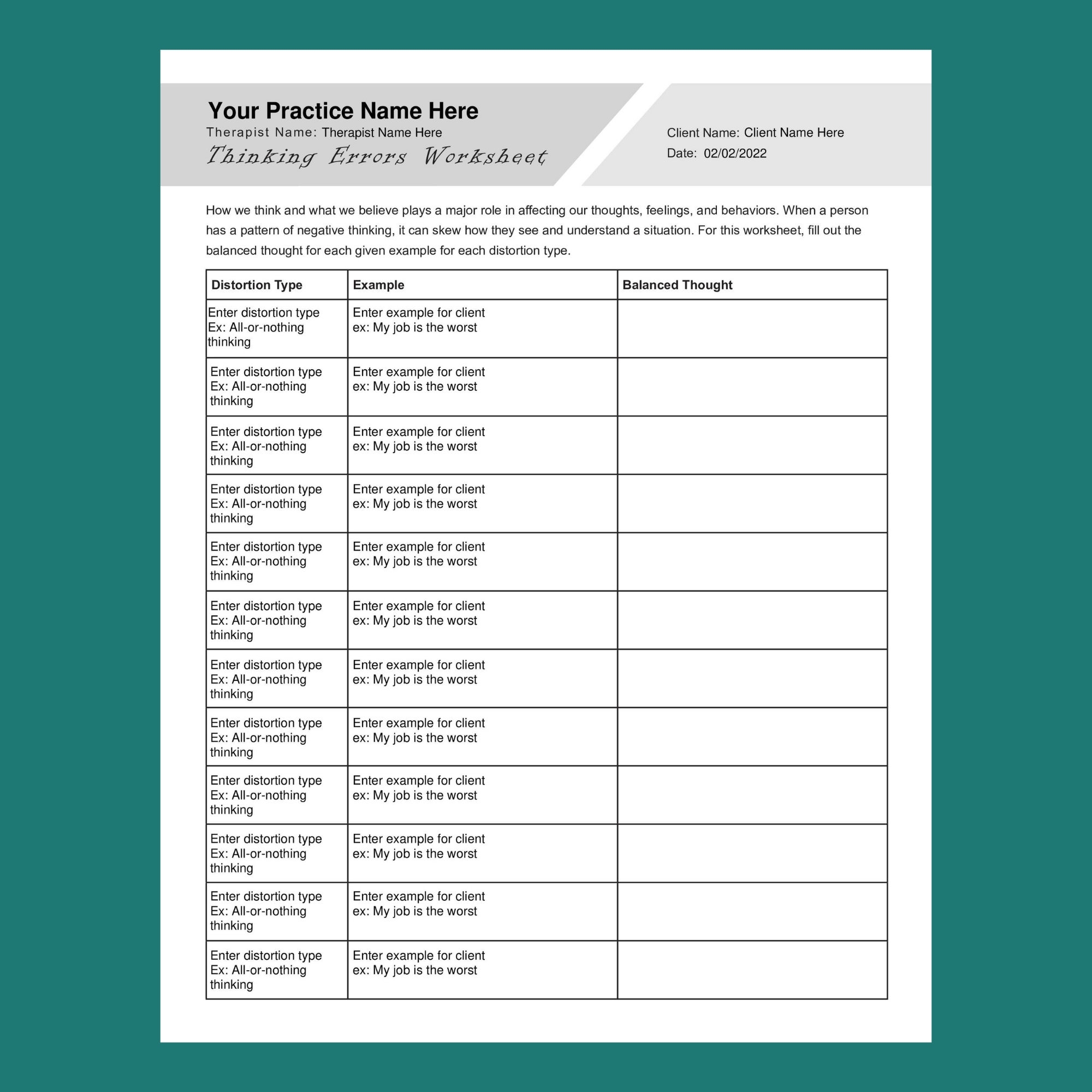 CBT Thinking Errors Worksheet Editable Fillable PDF For Counselors Psychologists Psychiatrists Social Workers Therapists Etsy