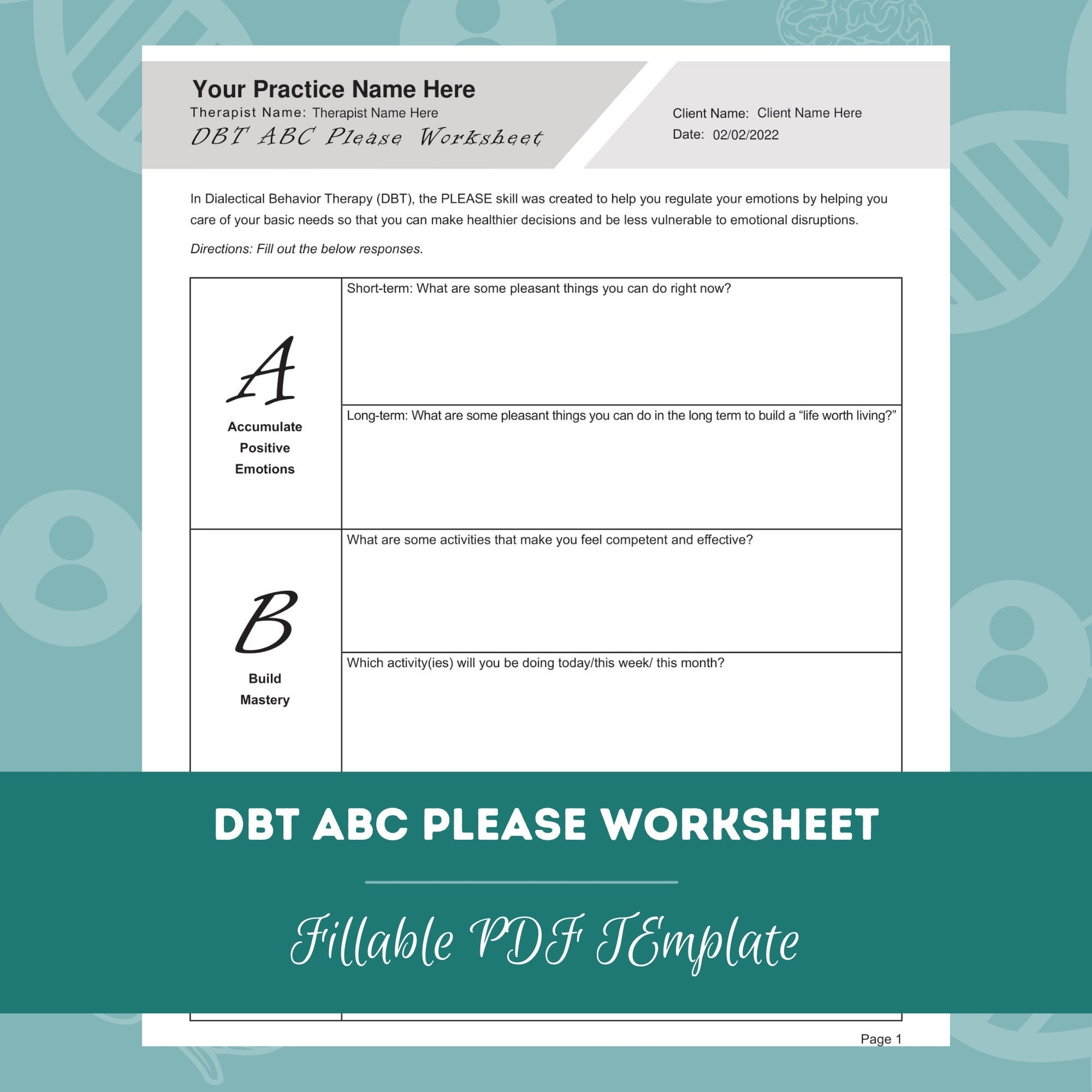 DBT ABC Please Worksheet Editable Fillable PDF Template For Counselors Psychologists Social Workers Therapists Etsy