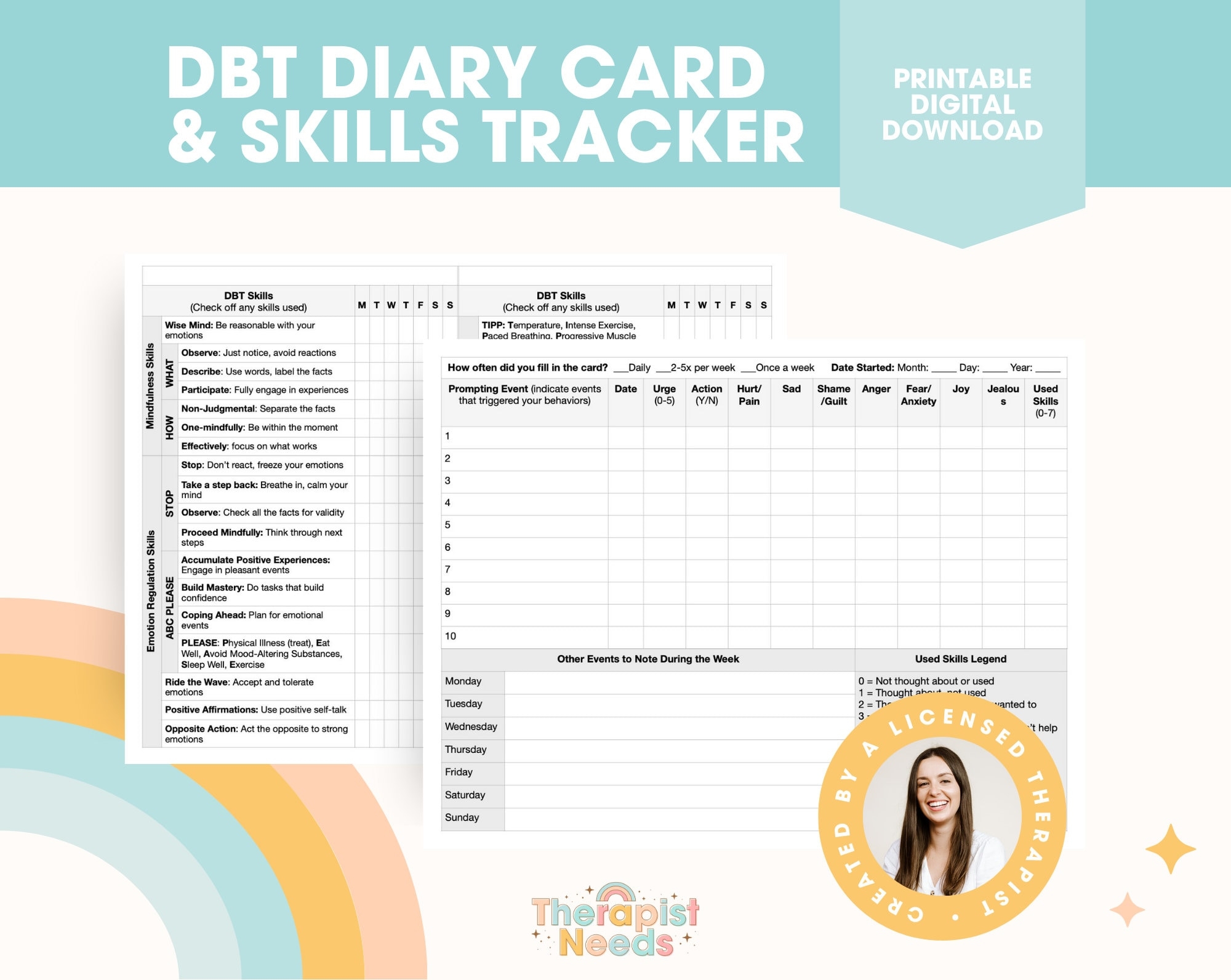 DBT Diary Card DBT Skills Tracker Therapy Worksheets Handouts DBT Skills Curriculum Counseling Sheets Bpd Downloads Dbt Printables Etsy
