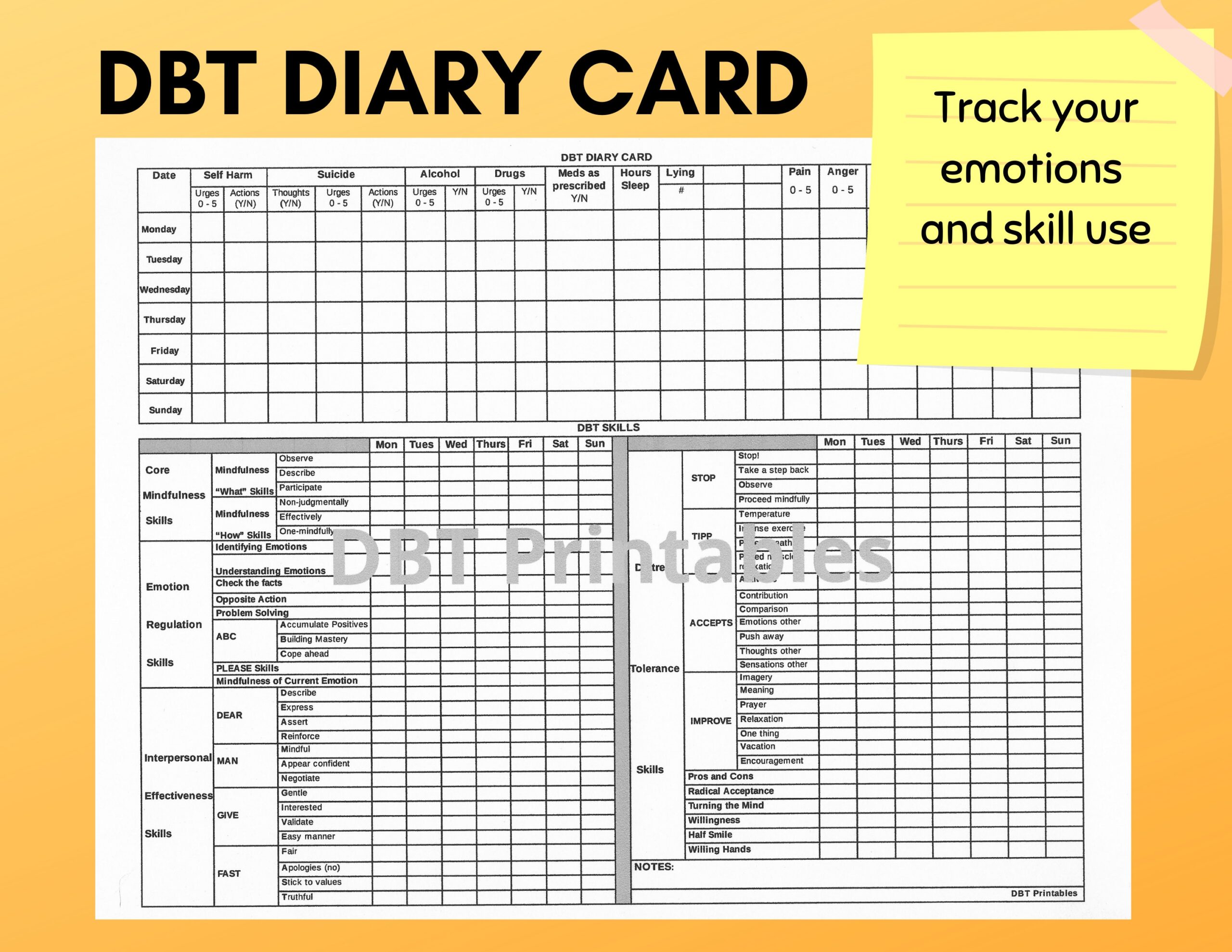 DBT Diary Card Printable BPD Skills Tracker Dialectical Behavior Therapy Resource Mental Health Worksheet Etsy