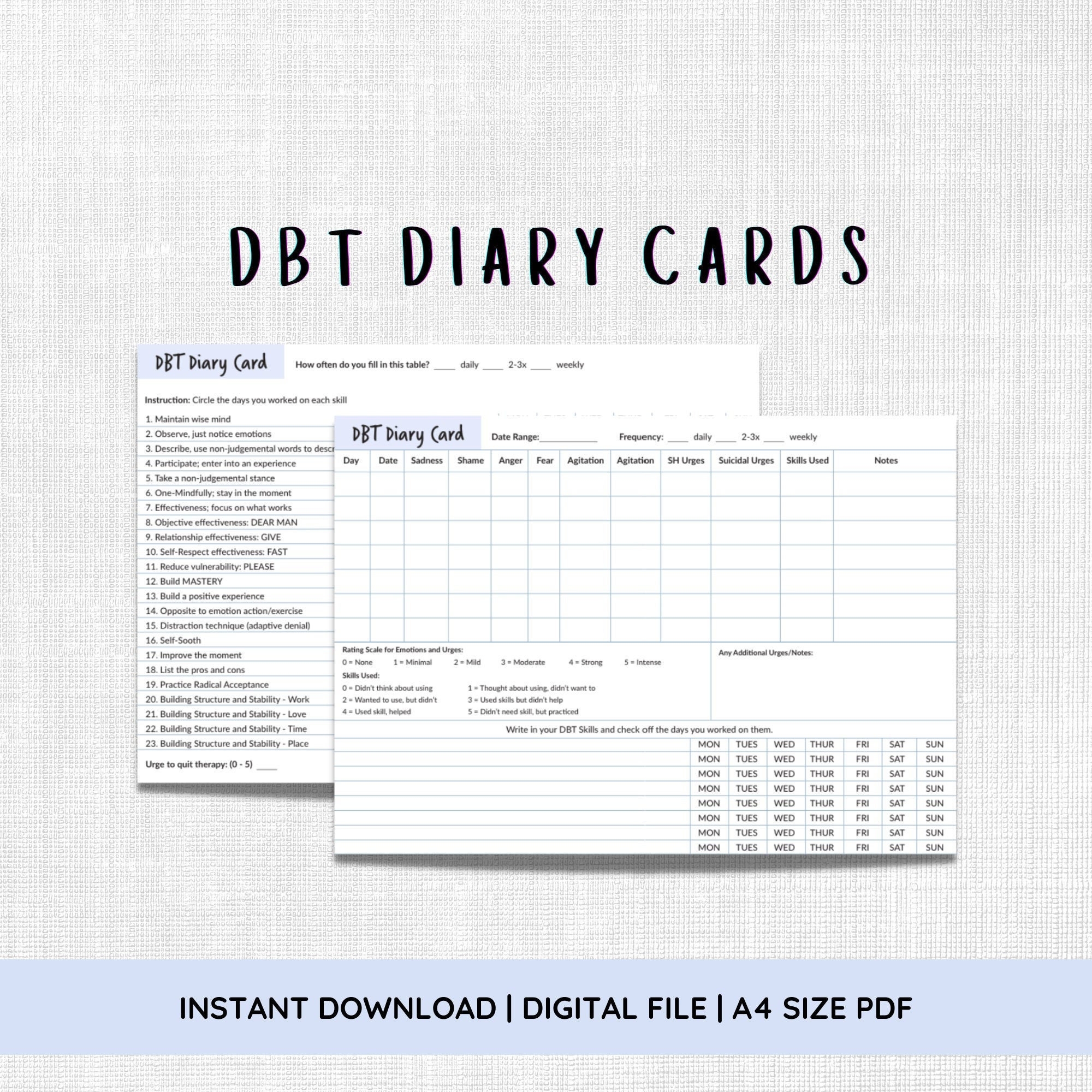 DBT Diary Cards Diary Card Worksheet DBT Skills Tracker Printable Download Etsy