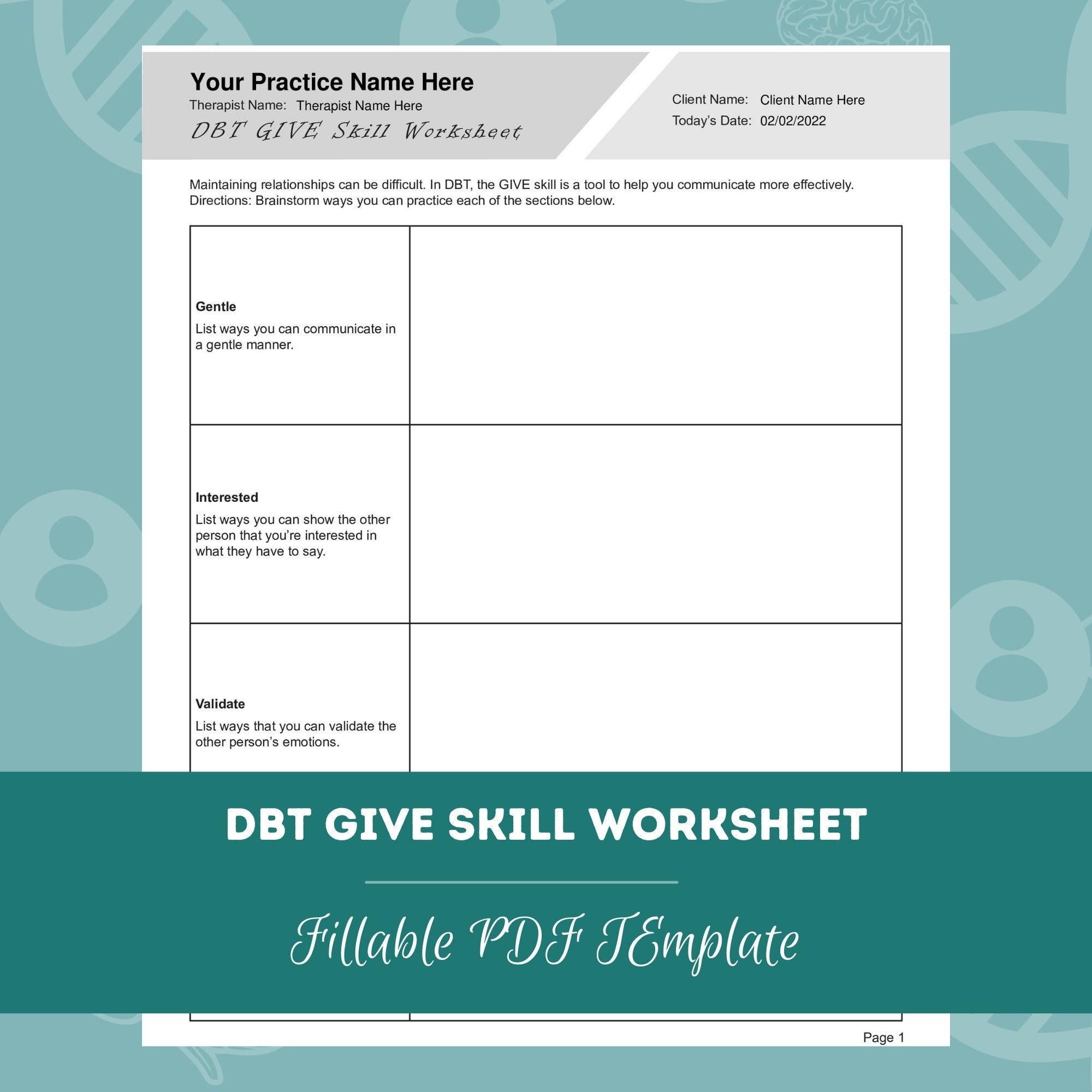 DBT GIVE Skill Worksheet Editable Fillable PDF Template For Counselors Psychologists Social Workers Therapists Etsy