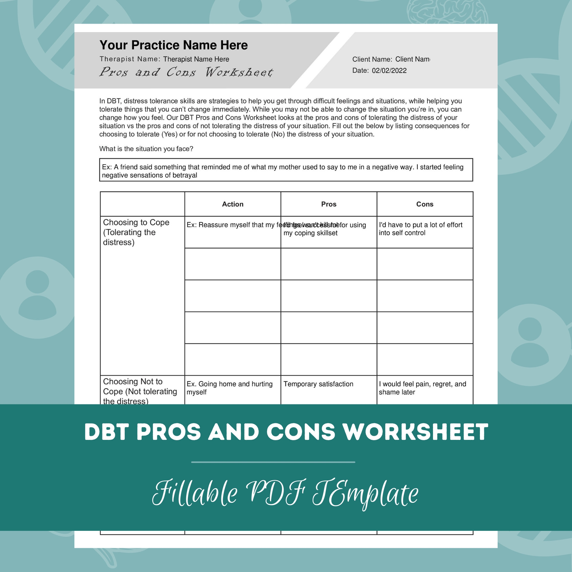 DBT Pros And Cons Worksheet Editable Fillable PDF Template For Counselors Psychologists Social Workers Therapists Etsy
