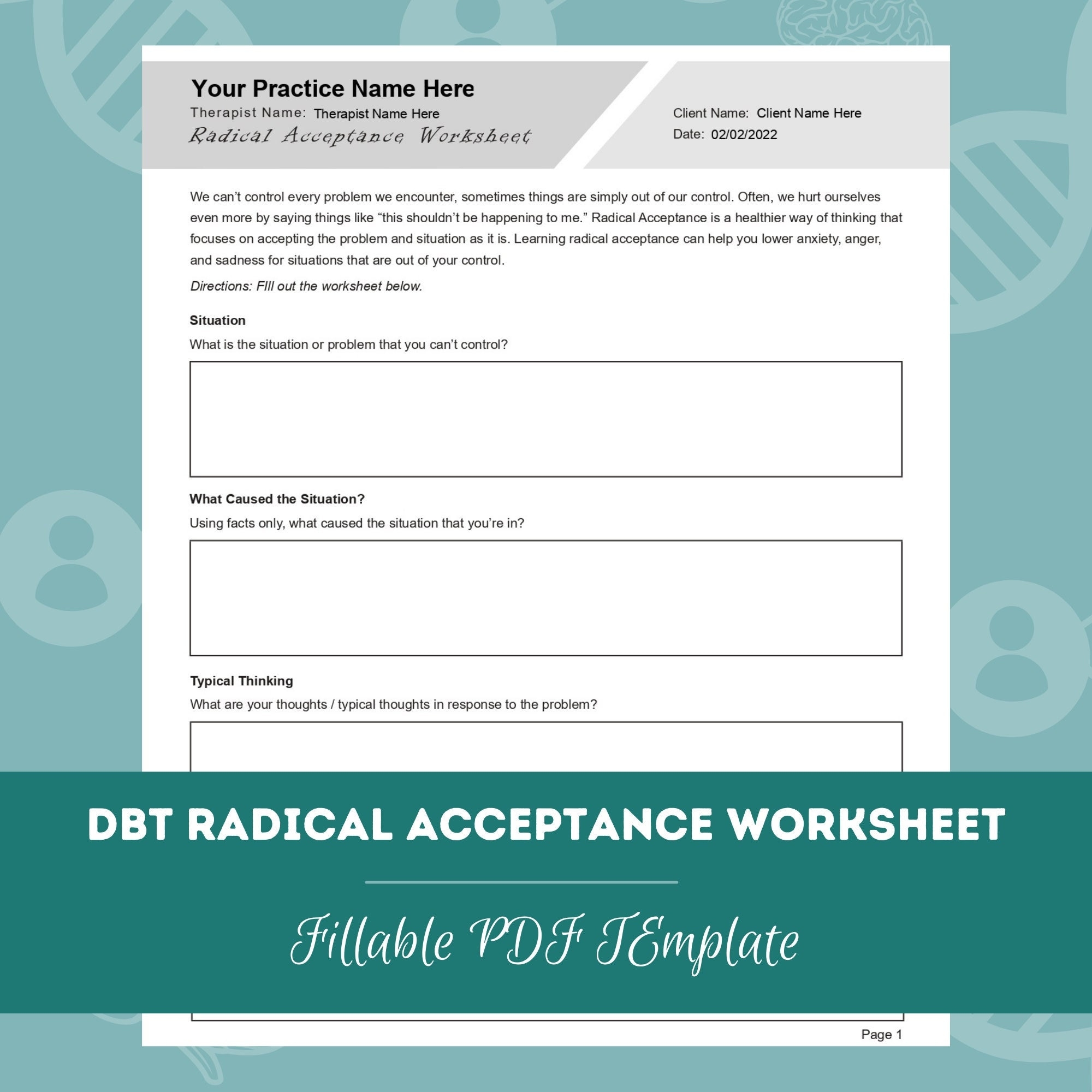 DBT Radical Acceptance Worksheet Editable Fillable PDF Template For Counselors Psychologists Social Workers Therapists Etsy