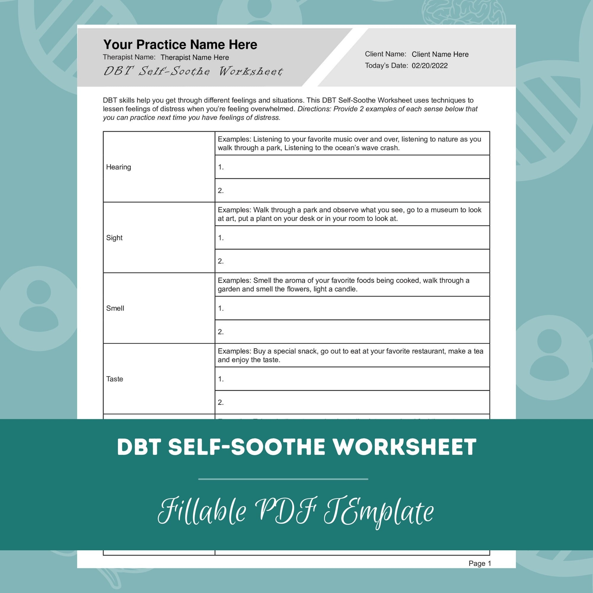 DBT Self soothe Worksheet Editable Fillable PDF Template For Counselors Psychologists Social Workers Therapists Etsy