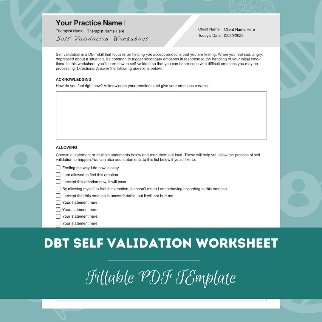 DBT Self Validation Worksheet Editable Fillable PDF Template For Counselors Psychologists Social Workers Therapists Etsy