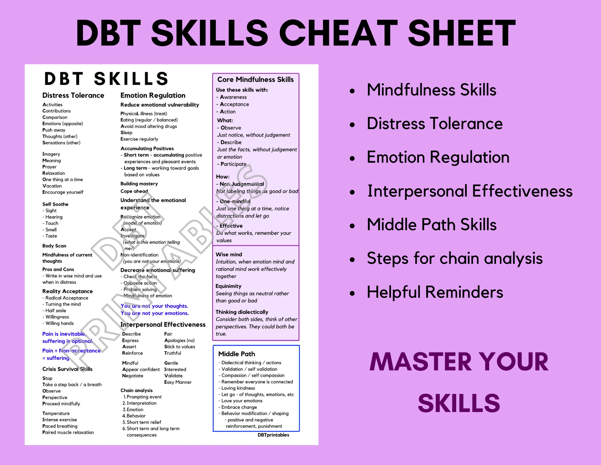 DBT Skills Printable Cheat Sheet Dialectical Behavior Therapy Skills BPD Depression Anxiety Bipolar Emotion Regulation Mental Health Etsy Hong Kong