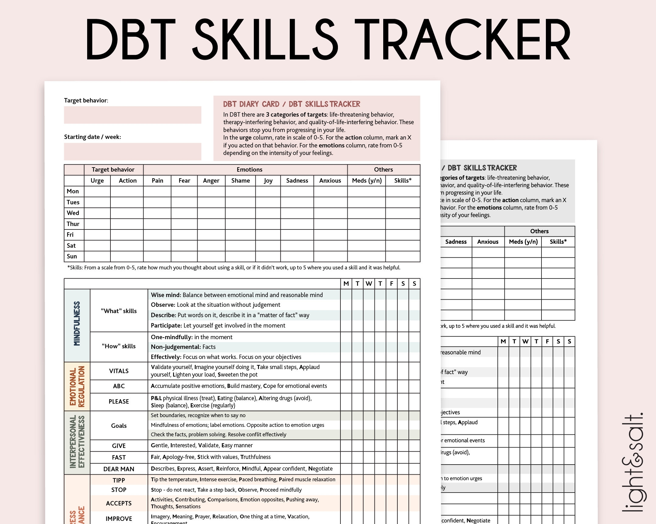 DBT Skills Tracker DBT Diary Card Dialectical Behavior Therapy Mood Tracker BPD Therapy Worksheet Dbt Therapy Coping Skills Ptsd Etsy