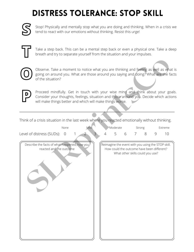 DBT STOP Skill Worksheet Dialectical Behaviour Therapy Handout Etsy ...