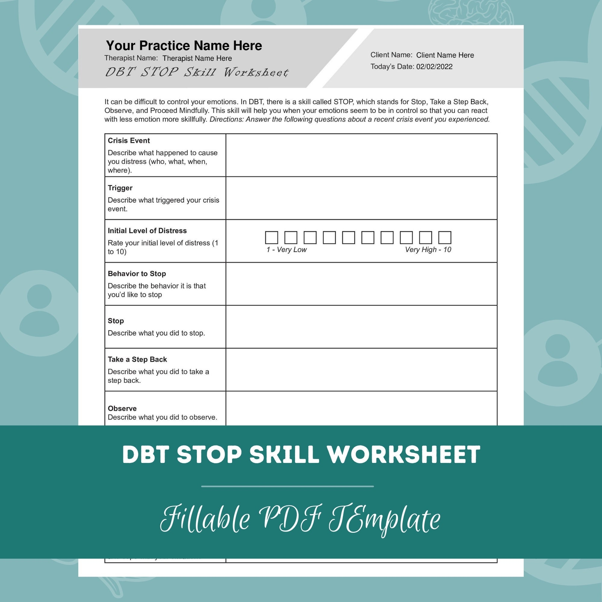 DBT STOP Skill Worksheet Editable Fillable PDF Template For Counselors Psychologists Social Workers Therapists Etsy Israel