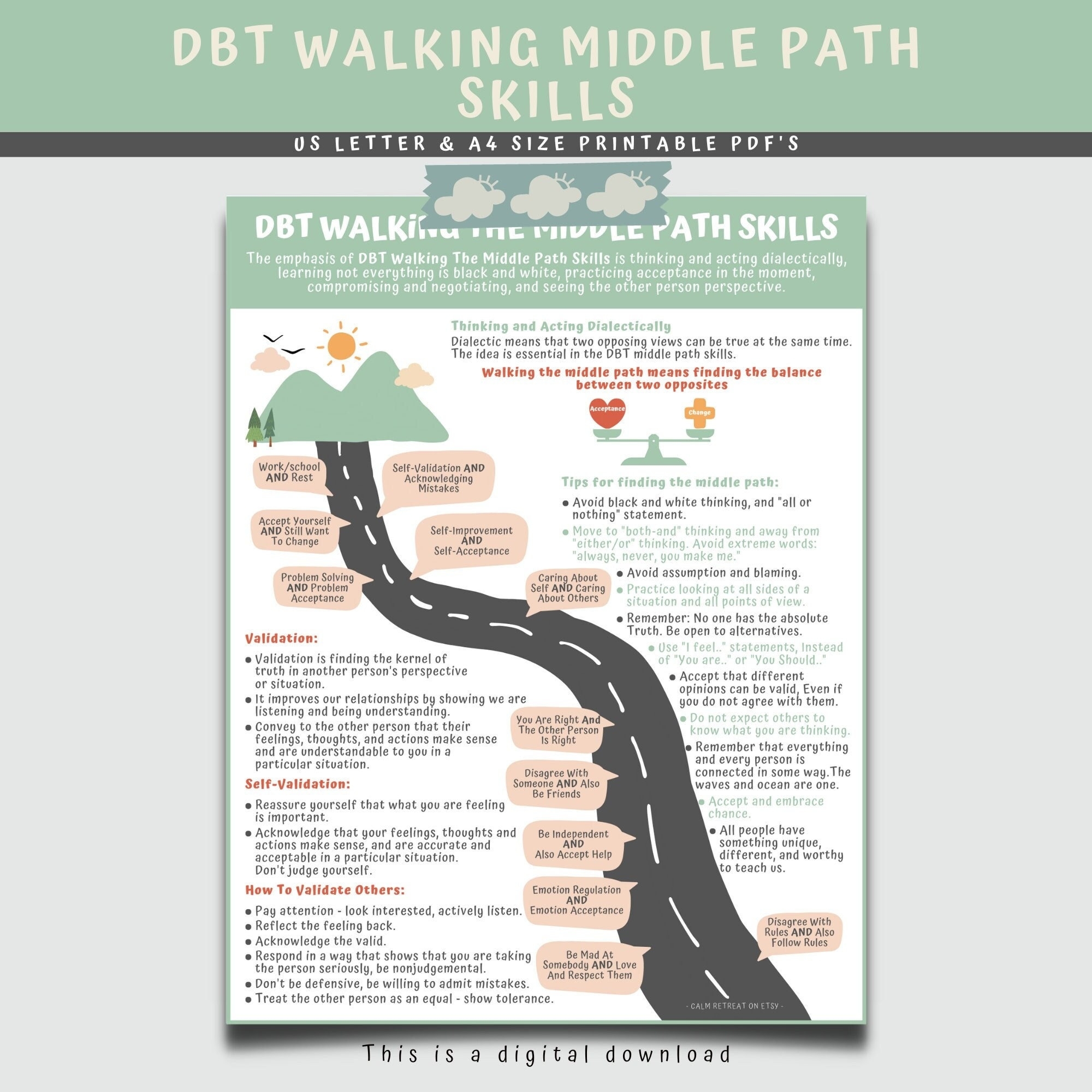 DBT Walking The Middle Path Coping Skills Handout Dialectical Behavior Therapy Counseling Poster Mental Health Therapist Children Etsy