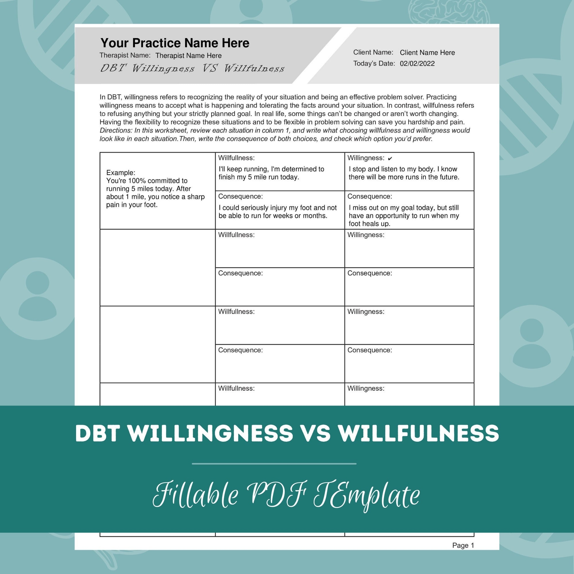 DBT Willingness Vs Willfulness Worksheet Editable Fillable PDF Template For Counselors Psychologists Social Workers Therapists Etsy