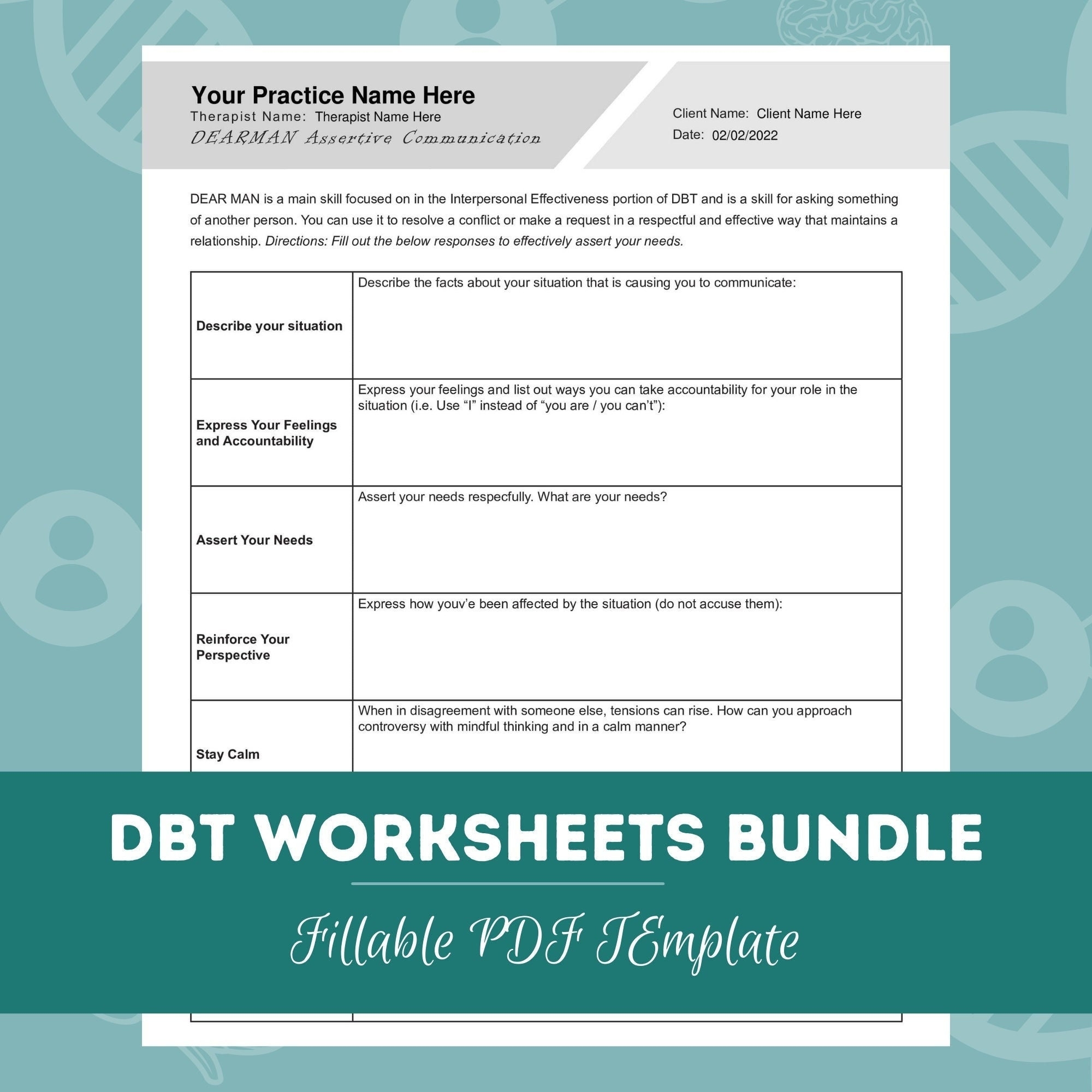 DBT Worksheets Bundle Editable Fillable Printable PDF Templates Counselors Psychologists Psychiatrists Social Workers Therapists Etsy