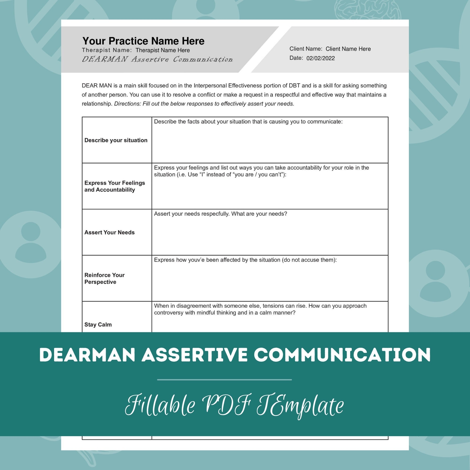 DEARMAN Assertive Communication Worksheet Editable Fillable PDF Template For Counselors Psychologists Social Workers Therapists Etsy