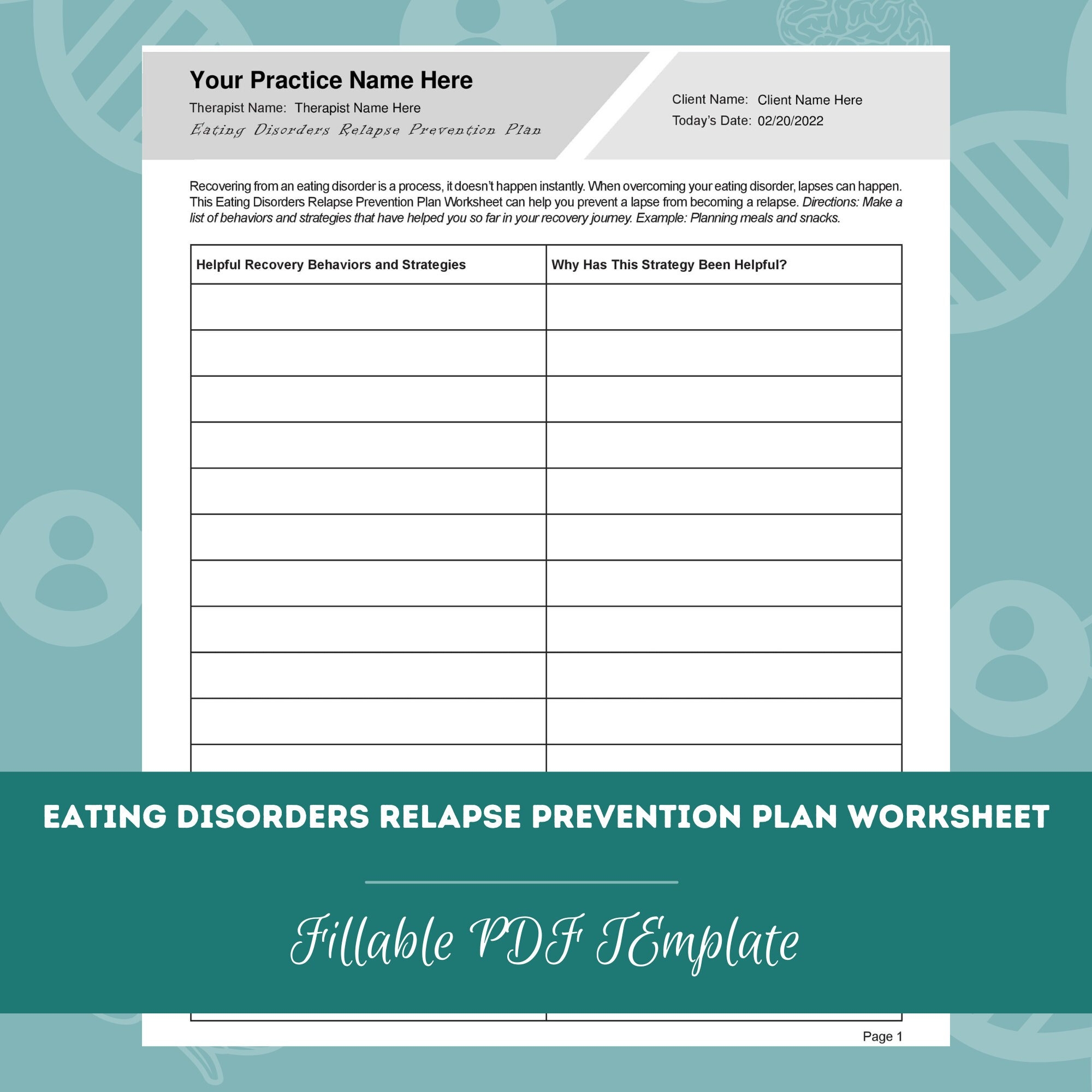 Eating Disorder Relapse Prevention Plan Worksheet Editable Fillable PDF For Counselors Psychologists Psychiatrists Therapists Etsy