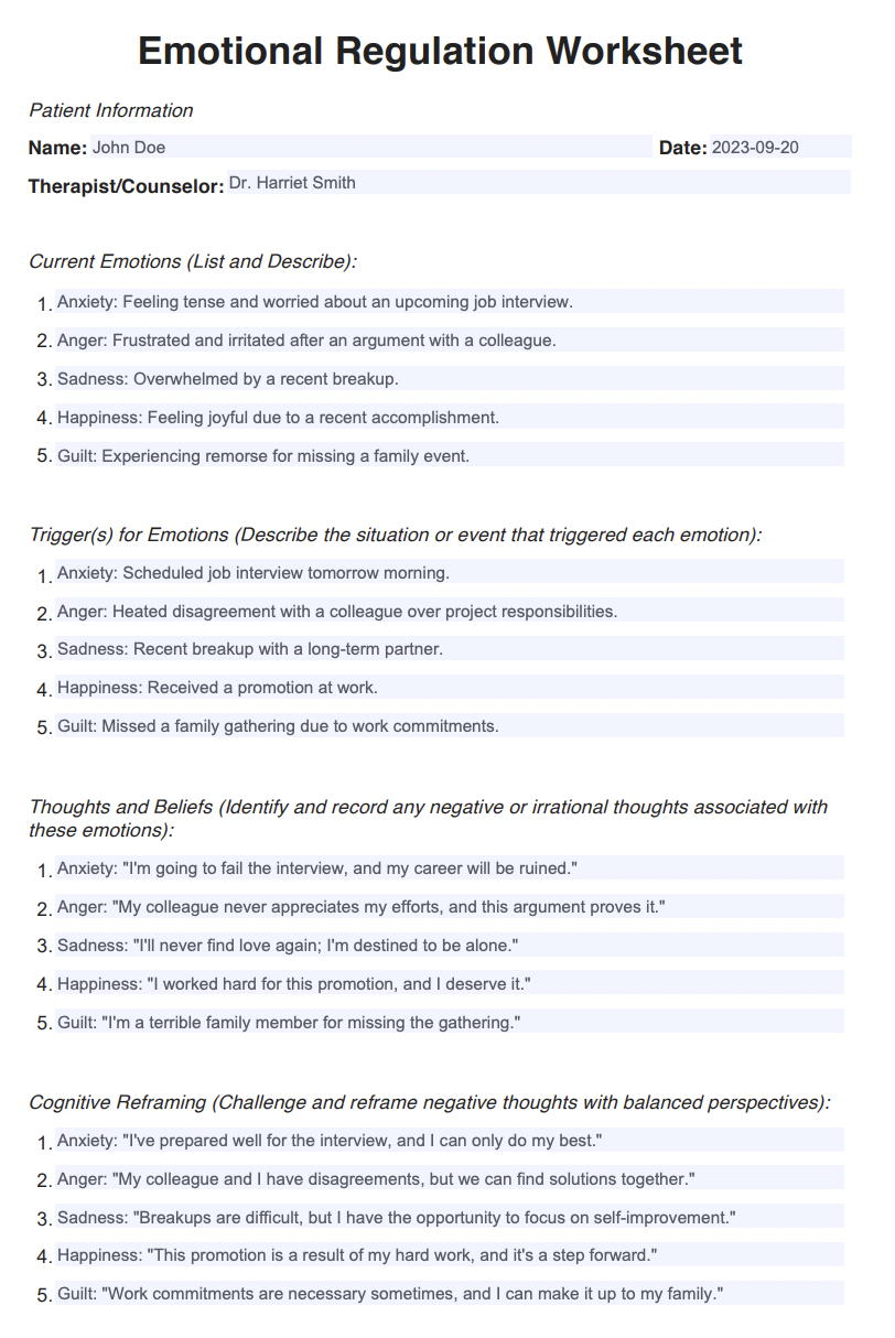 Emotional Regulation Worksheets Example Free PDF Download