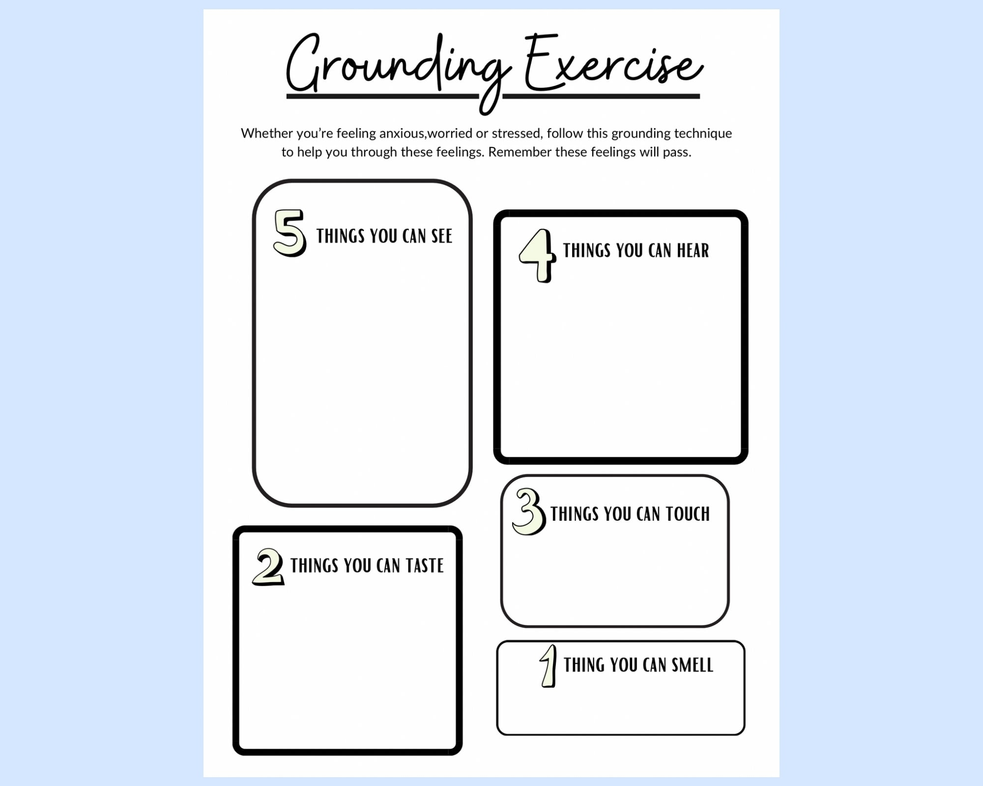 Grounding Exercise For Kids And Teenagers Therapy Worksheet Teen Counselling Therapy Tools Grounding Technique Anxiety Mental Health Etsy