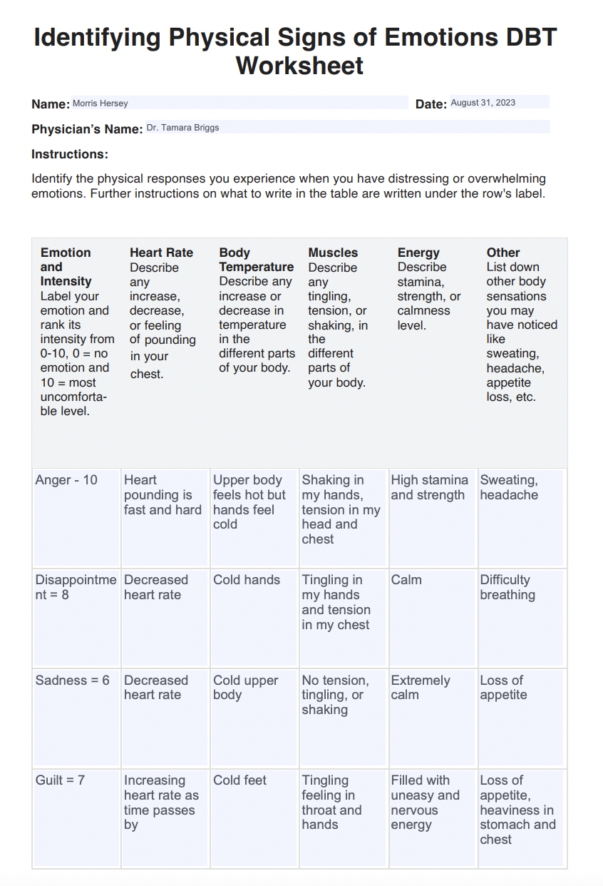 Identifying Physical Signs Of Emotions DBT Worksheet Example Free PDF Download