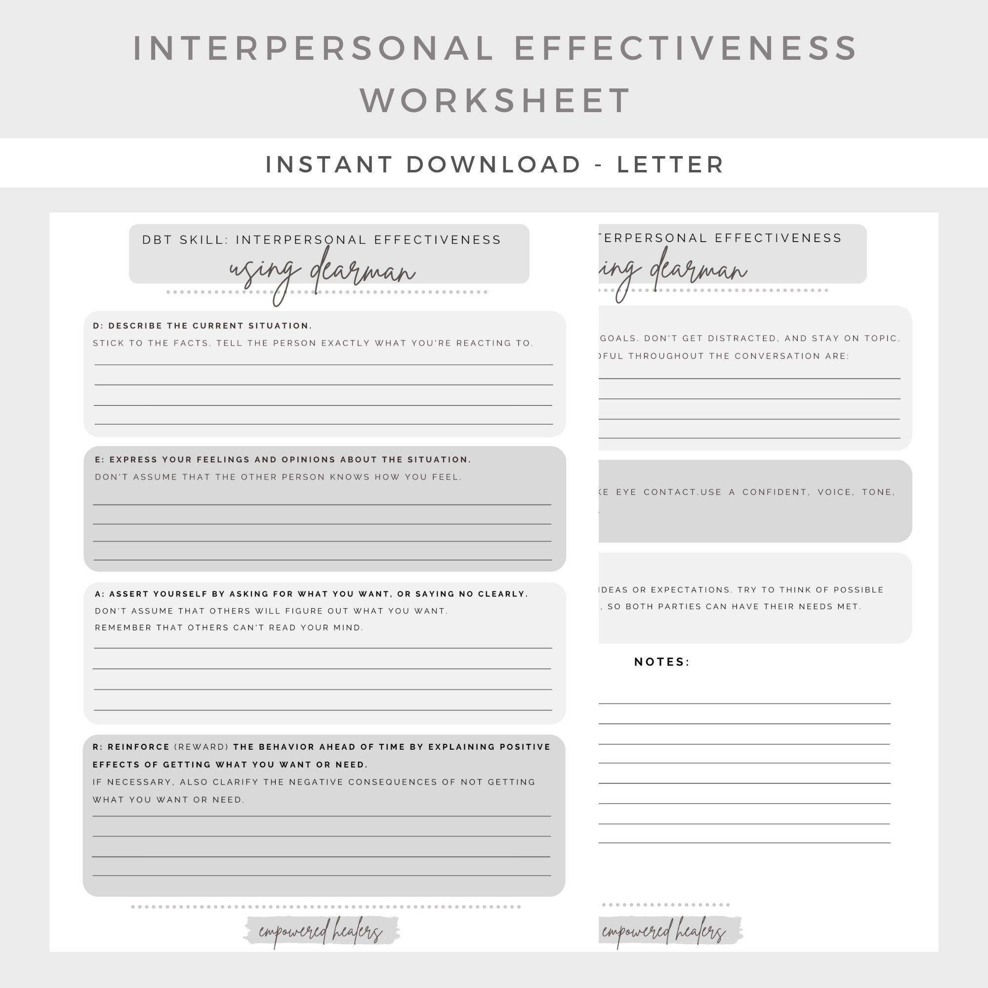 Interpersonal Effectiveness Worksheet DEARMAN Dbt mental Health Depression Anxiety therapy Journal Counseling Binder Planner printable Etsy
