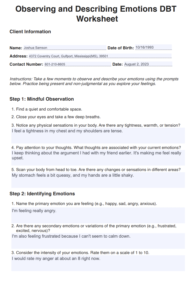 Observing And Describing Emotions DBT Worksheet Example Free PDF Download