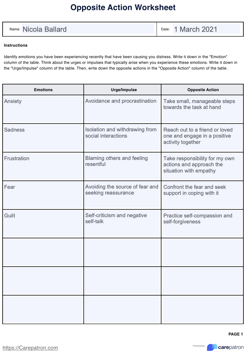 Opposite Action DBT Worksheet Example Free PDF Download