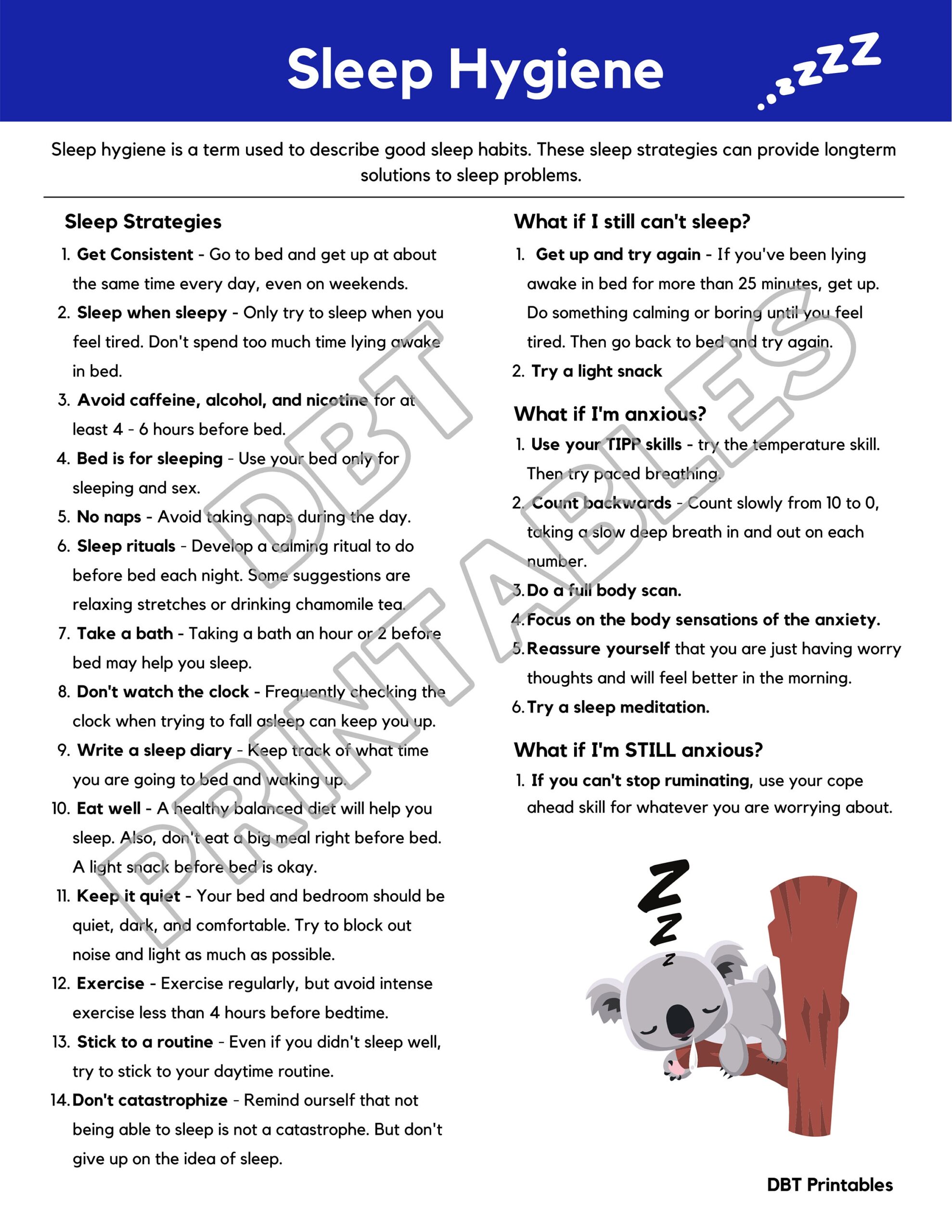 PLEASE Skills DBT Poster And Tracker Sleep Hygiene Handout Etsy