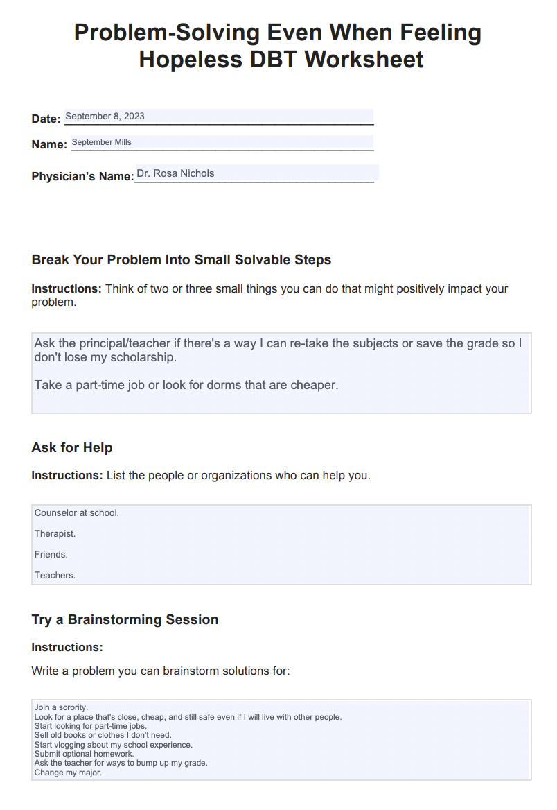 Problem Solving Even When Feeling Hopeless DBT Worksheet Example Free PDF Download